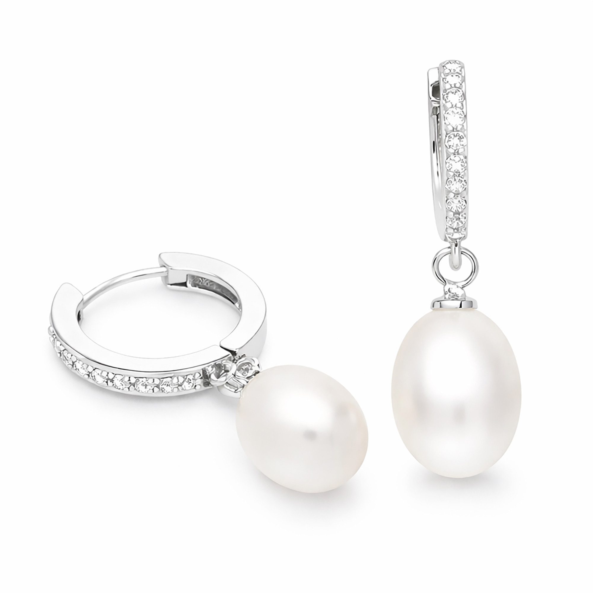 LÖB Ohrring und Ketten Set Schmuckset 925 Silber Zirkonia Zuchtperle Perlen Kette Creolen Hängend (Geschenke für Frauen Beste Freundin Mutter Mama Damen Ehefrau sie zum Geburtstag Ostern Muttertag Muttertagsgeschenk, Inkl. Schmuckbox), Halskette Ohrringe Anhänger Set echte Perlenohrringe Brautschmuck Weiß