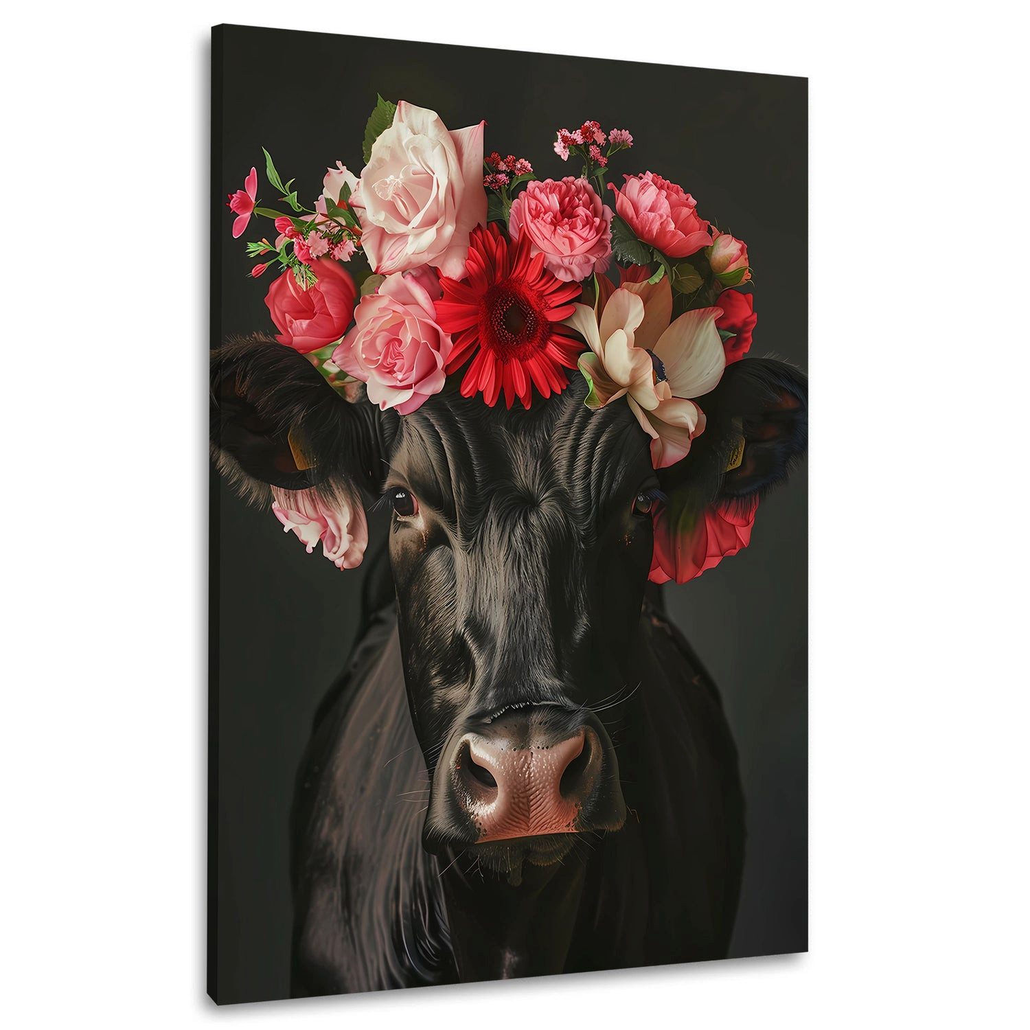 Artedinoi Leinwandbild Schwarze Kuh mit roter Blumenkrone Wandbild Leinwandbild Kunstdruck XL, Schwarze Kuh mit roter Blumenkrone