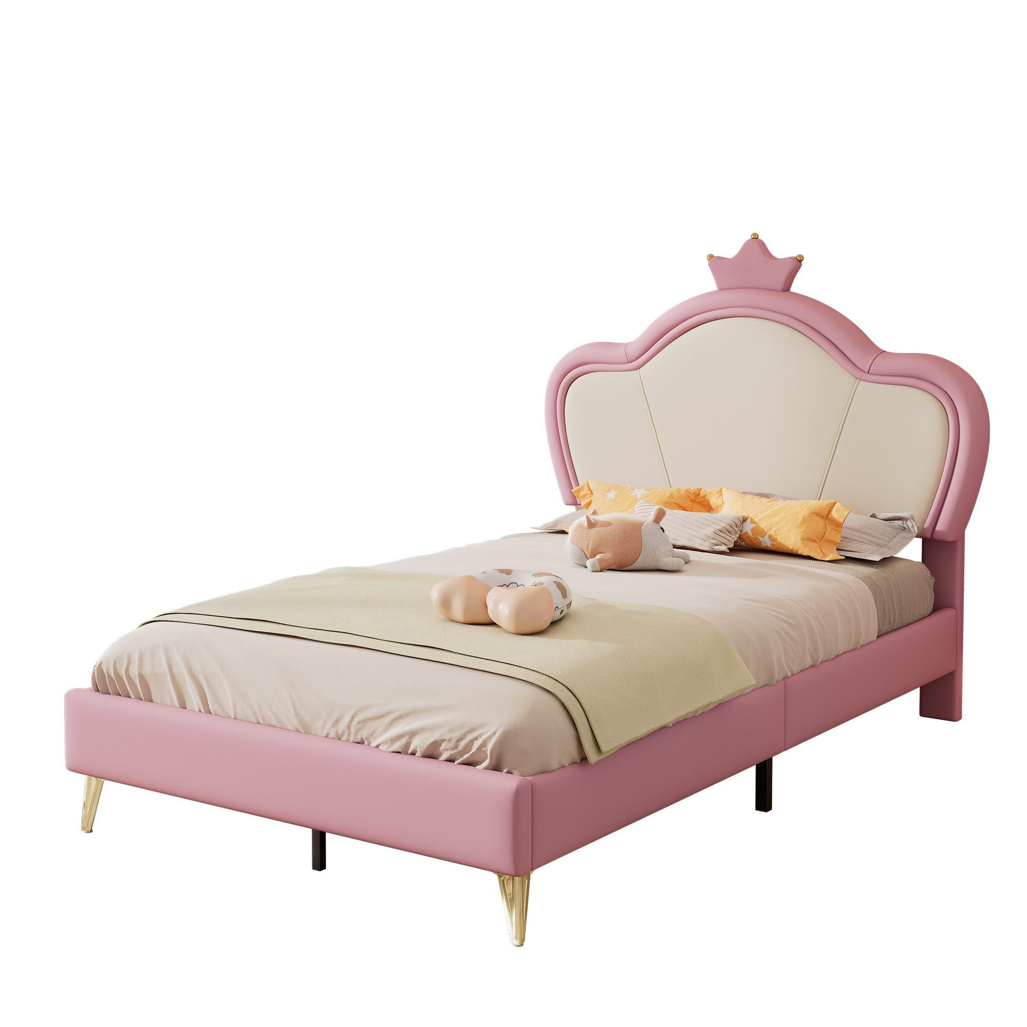 OKWISH Prinzessinbett Einzelbett, mit weichen Schutzkanten (Prinzessinbett, Kinder Polsterbett, Einzelbett mit Krone, 90x200 cm), ohne Matratze