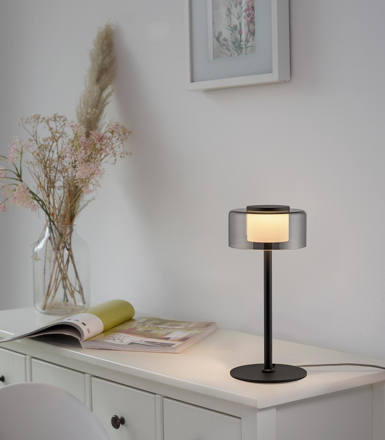 Paul Neuhaus LED Tischleuchte RIKA, Ø 15 x H 33 cm, Rauchfarben, Schwarz, M günstig online kaufen