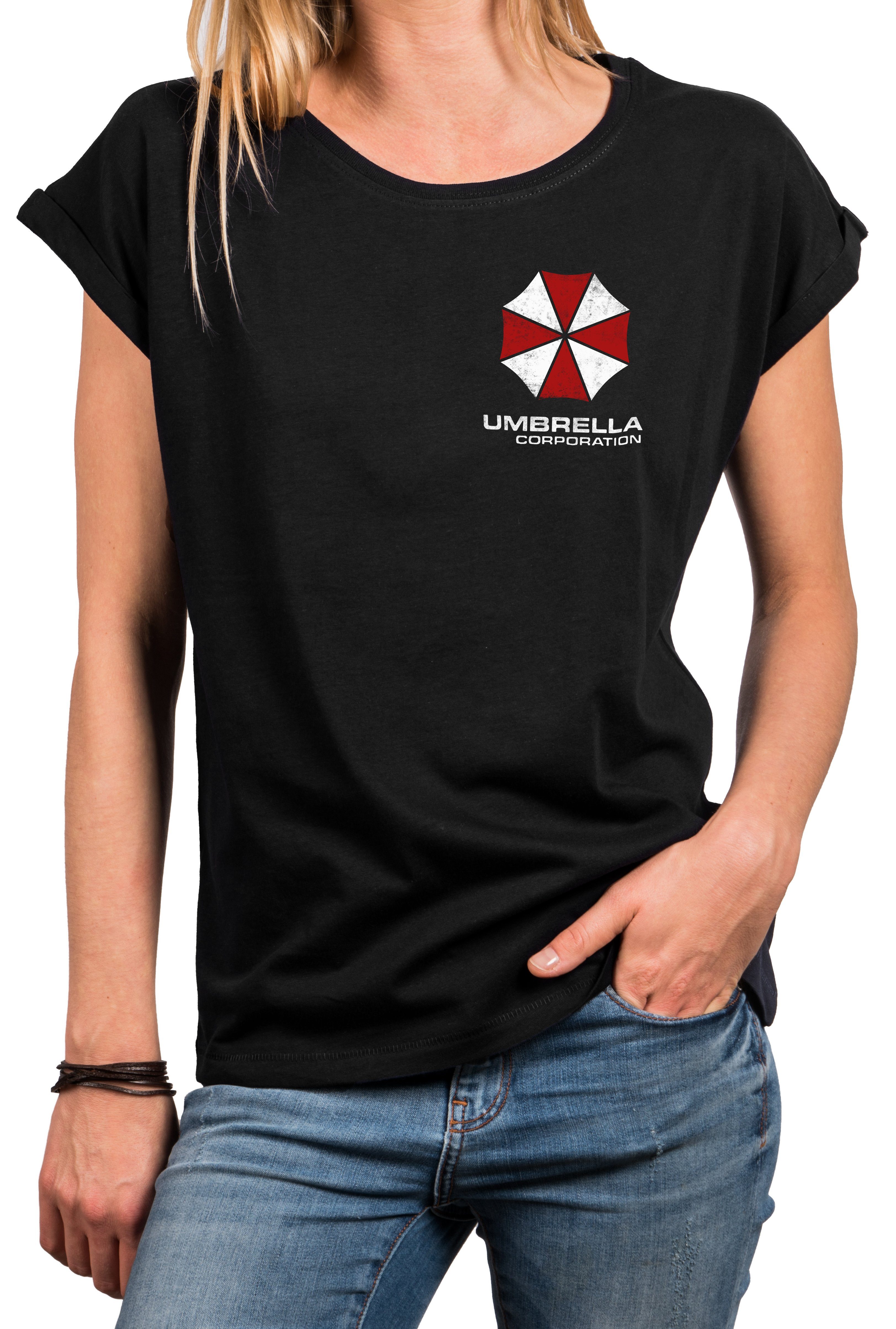 MAKAYA Print-Shirt Damen Umbrella Corp. Motiv Damenshirt Sommer Top Tunika Frauen große Größen