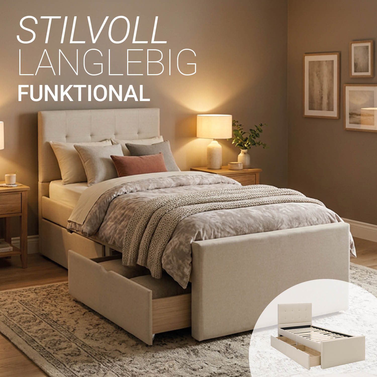 Homestyle4u Polsterbett 90x200 120x200 140x200 Doppelbett Bettgestell Stauraum mit Kopfteil (Set, Set, mit Lattenrost, 2 Bettkästen / Schubläden), 90x200, mit Stauraum