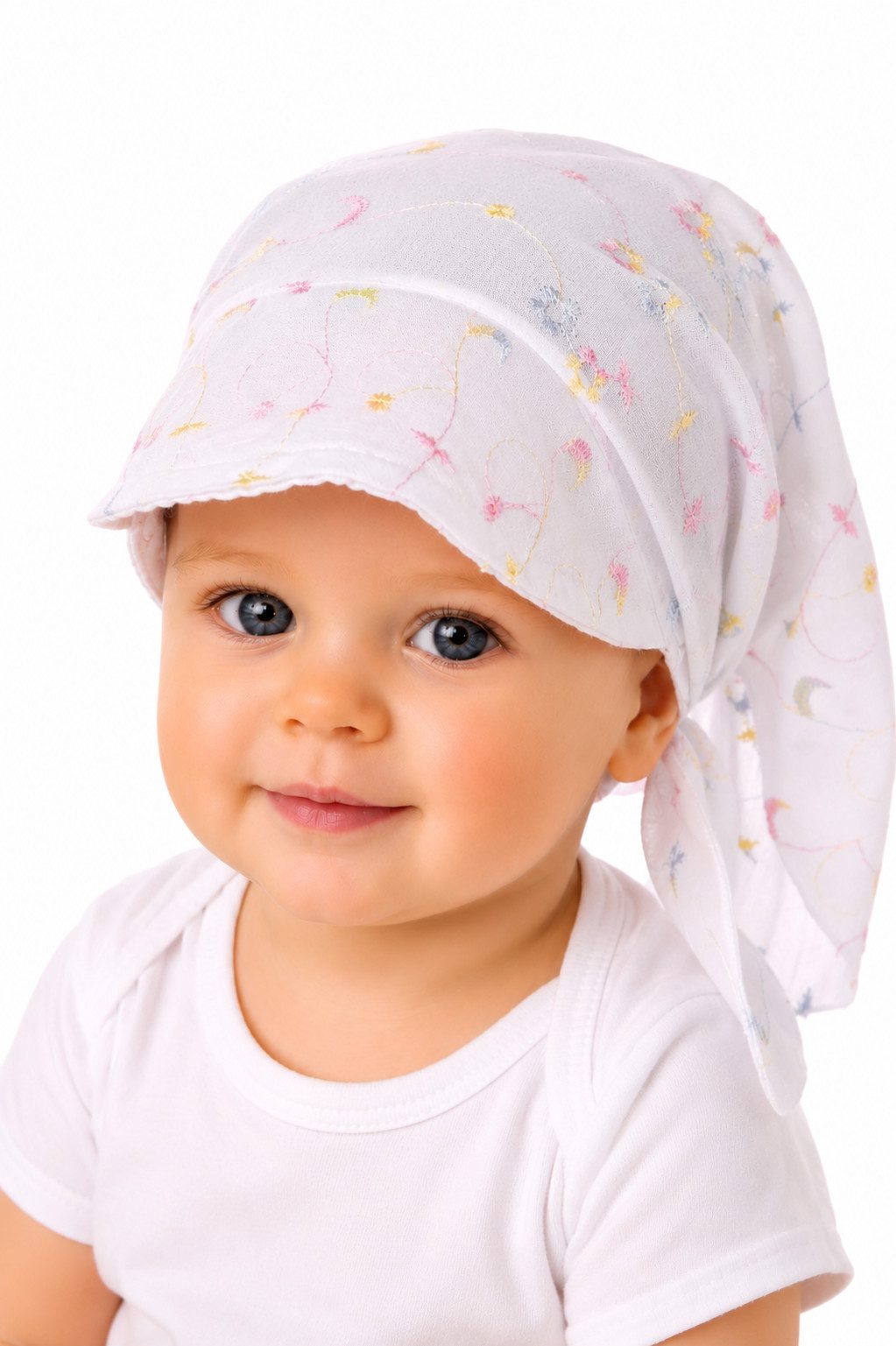 La Bortini Kopftuch Baby und Kinder Bandana Tuch Sommer Mütze Kopfbedeckung, leicht, bestickt, in Weiß, Universelle Größe durch Bindebänder