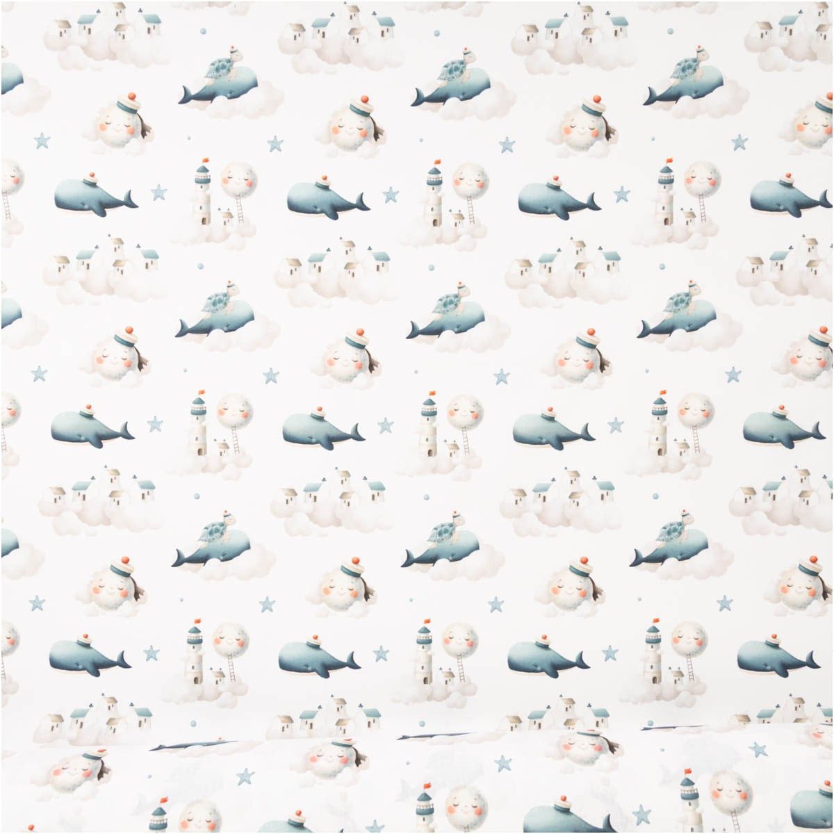 SCHÖNER LEBEN. Stoff Baumwollstoff Sweet Dreams Wal Mond Wolken weiß blau 140 cm, allergikergeeignet