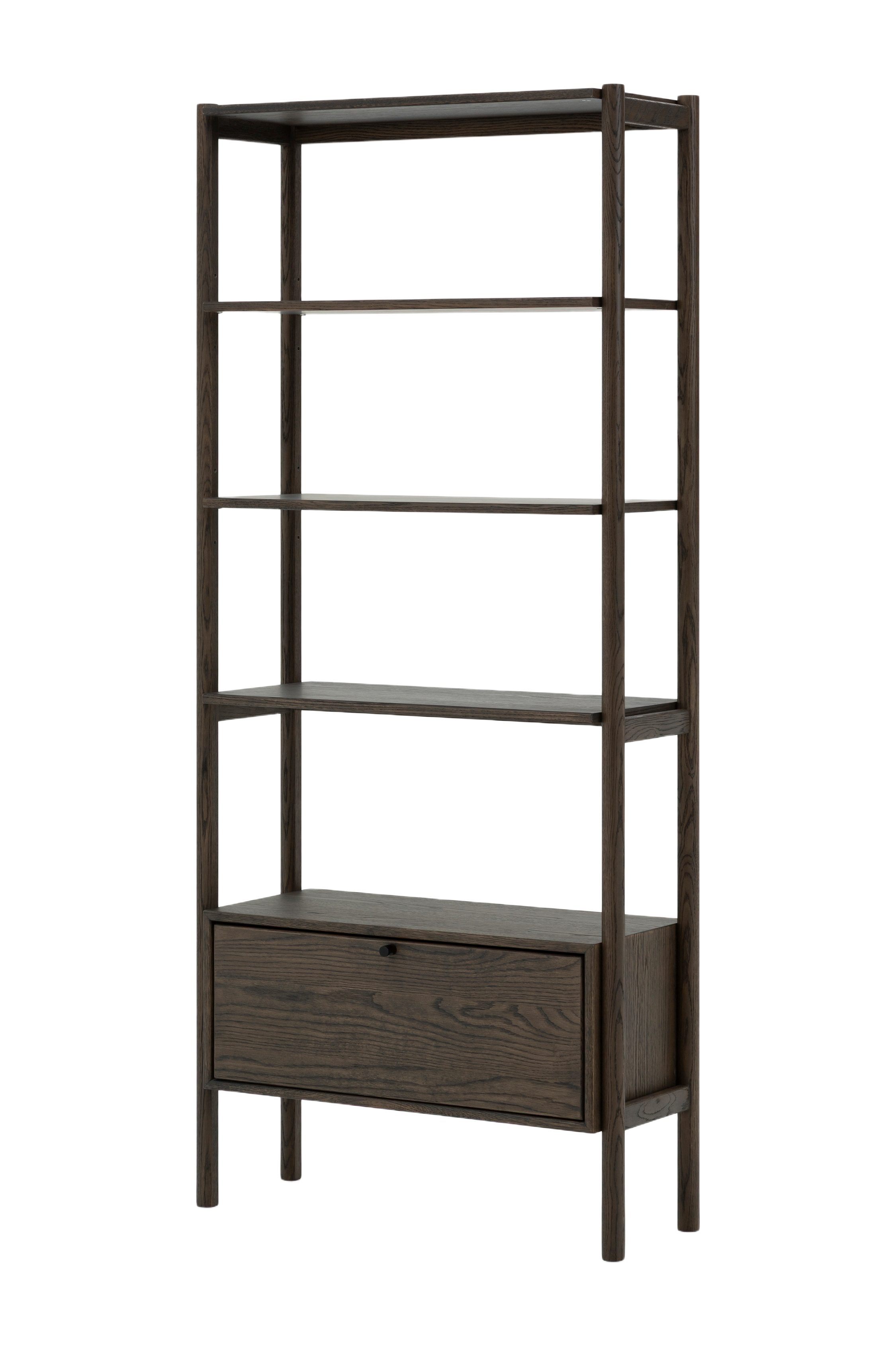 Woodek Design Bücherregal FRANZ aus massiver Eiche und Eichenfurnier, Espresso, Handgefertigt, Espresso matt lackiert 1-tlg., Breite 80 cm, Höhe 185 cm, Tiefe 33 cm