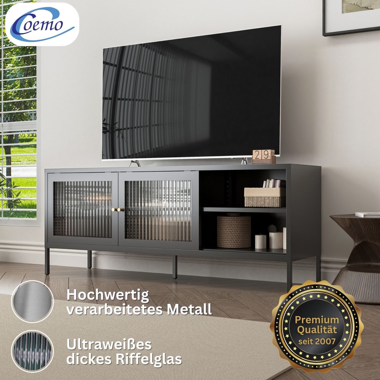 Coemo Sideboard TOKIO, Schwarz TV-Schrank Metall Glastür Lowboard Fernsehtisch Breite 150 cm