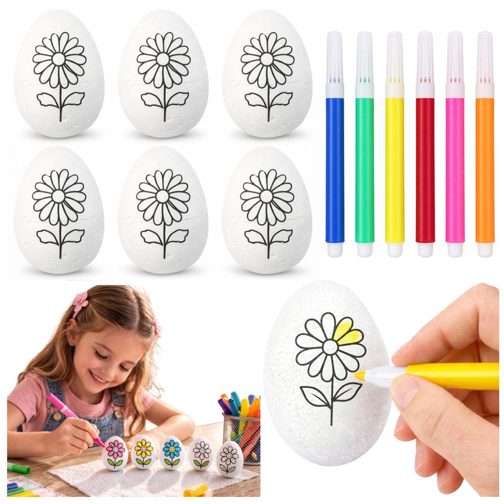LEAN TOYS Kreativset Bastelset Osterdekoration Malspaß, (Spar-Set, 6-tlg., 5,5 x 3,5 cm bemalbar), 6 Eier & 6 Filzstifte, Blumenmotiv, leicht