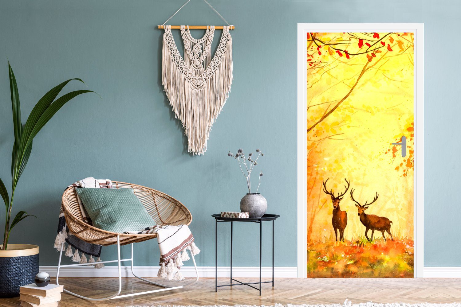 - Tiere - Tür, für Fototapete Herbst Ölfarbe Orange, St), Matt, cm Natur Hirsche Türaufkleber, bedruckt, - 75x205 MuchoWow Türtapete - - (1