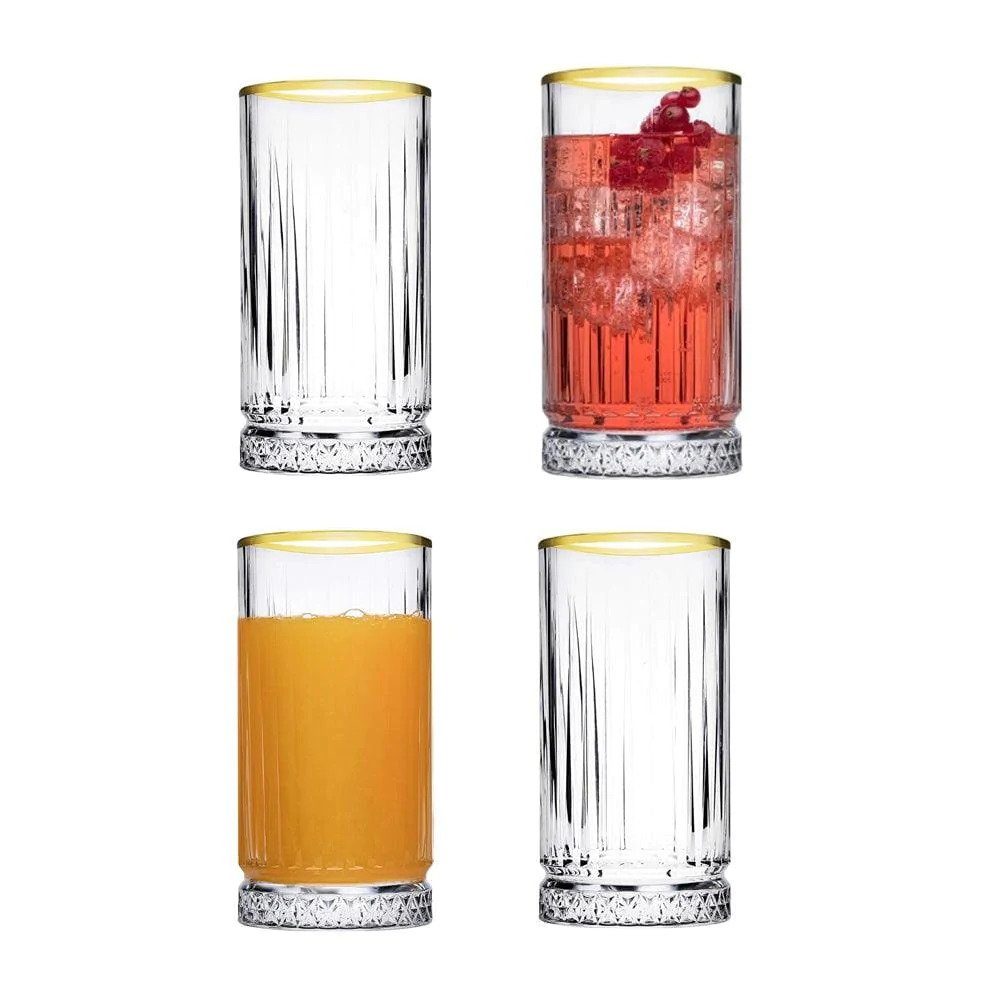 Pasabahce Gläser-Set Elysia Golden Touch, Glas, 4-teiliges Set Long Drink Gläser mit stilvollem Goldrand