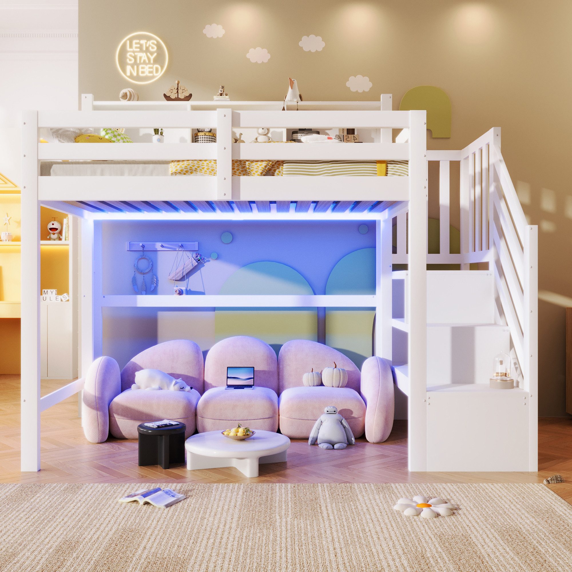 Merax Hochbett mit LED-Beleuchtung (1-St., Massivholz Jugendbett Einzelbett) Kinderbett 90x200cm mit Stauraumtreppe, Lagerregalen & Staufächern