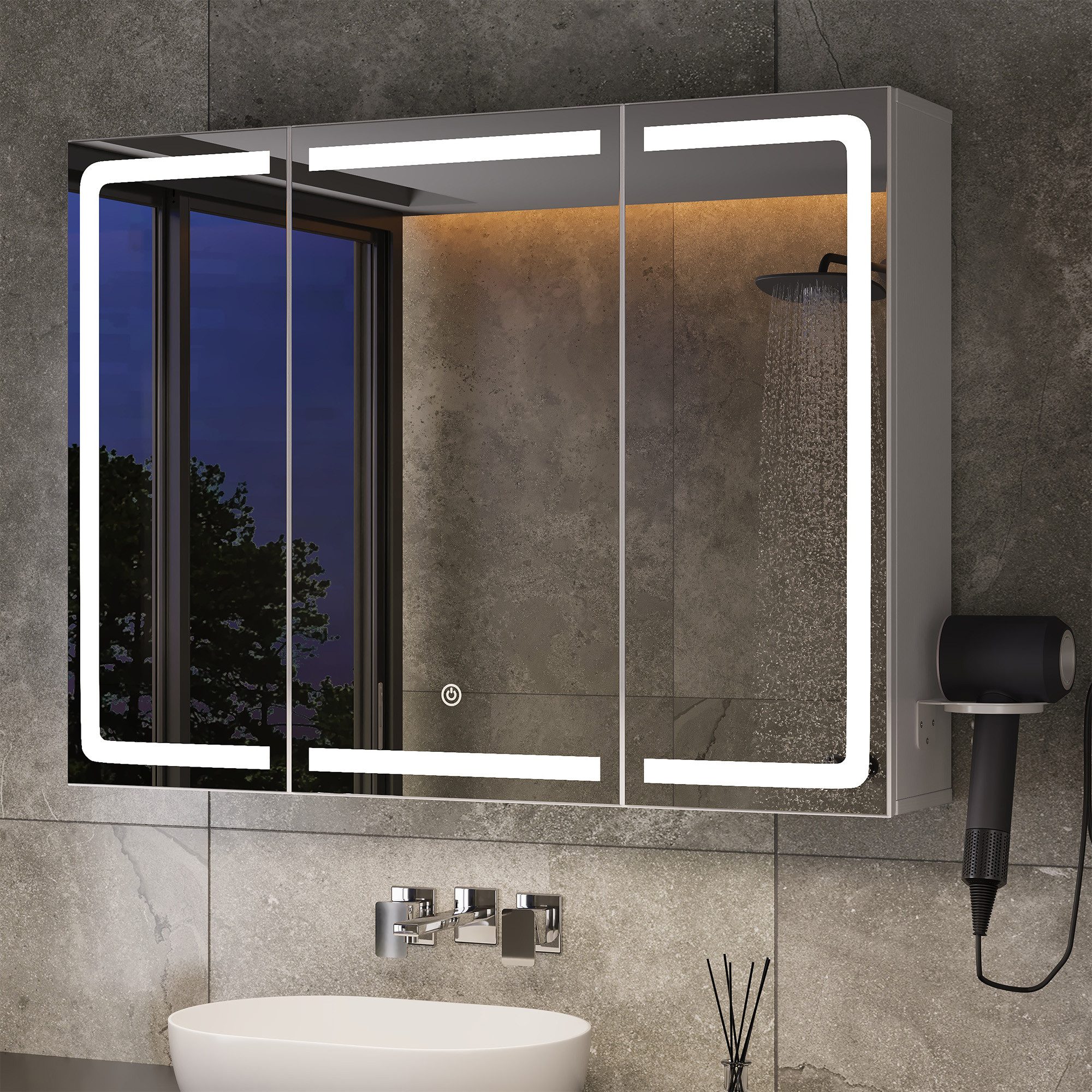 Bealife Spiegelschrank Badezimmerschrank mit LED-Beleuchtung, B:80/100CM mit Haartrockner-Halter