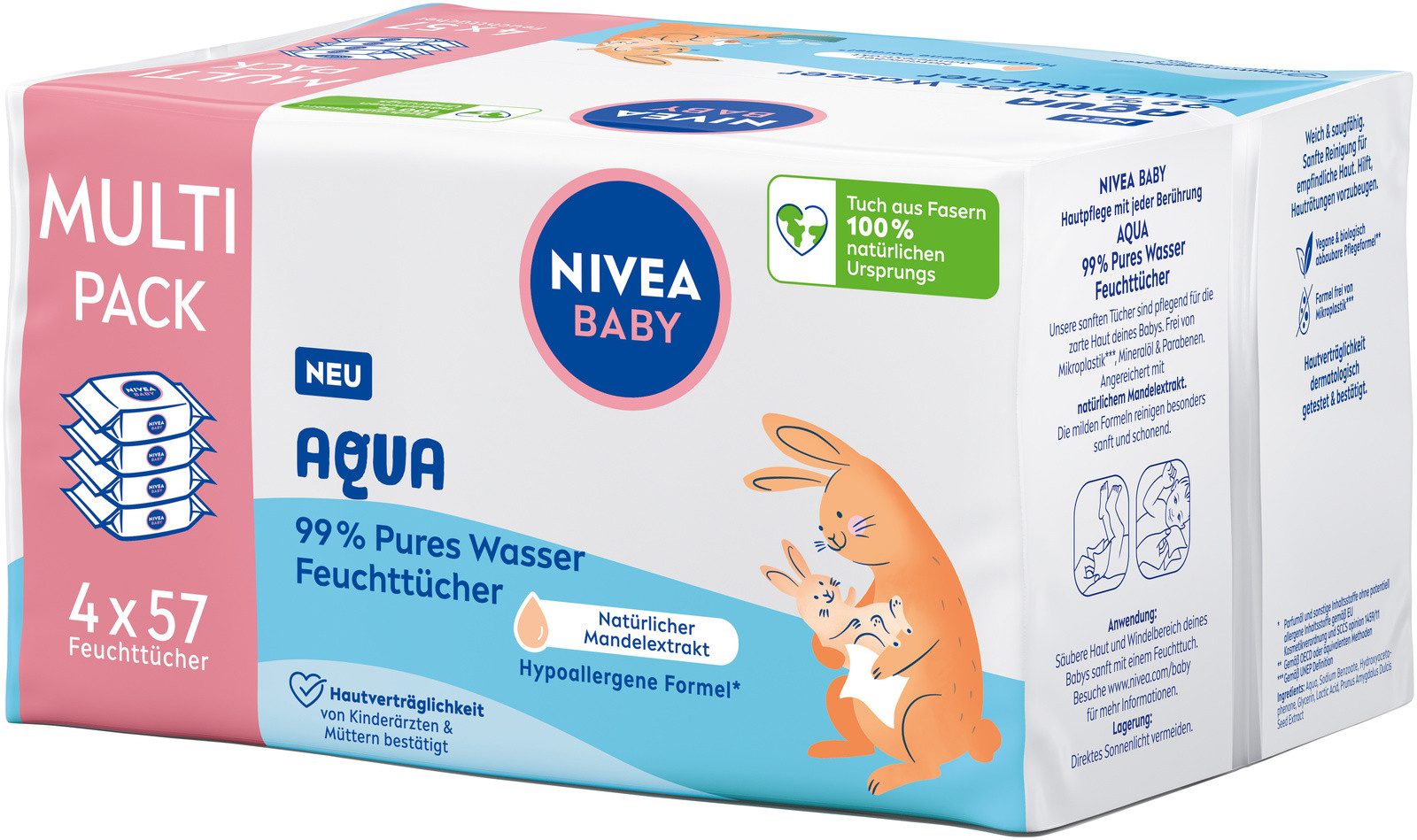 Nivea feuchtes Toilettenpapier Baby Aqua Feuchttücher 2 x 228 Stück Weiches & saugfähiges Tuch, 456-tlg., 99% Wasser - besonders milde Reinigung für empfindliche Haut