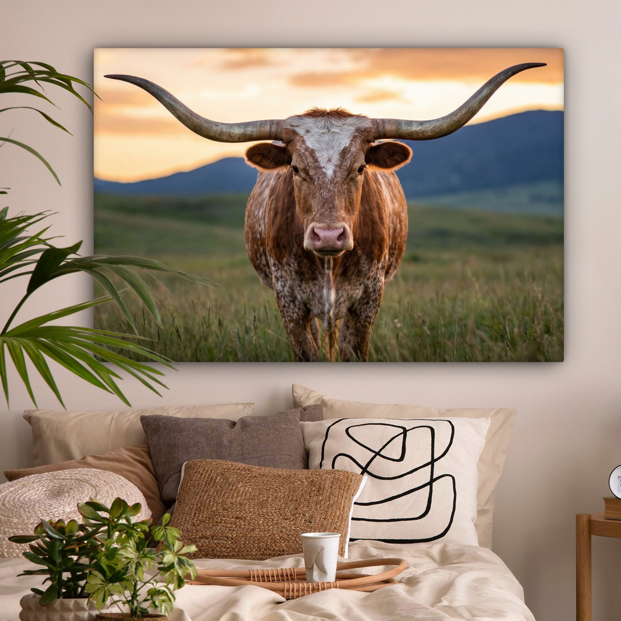 OneMillionCanvasses® Leinwandbild Longhorn - Landschaft - Sonnenuntergang, Fotodruck (1 St), Leinwandbilder XXL Wohnzimmer, Deko Aesthetic 150x100 cm