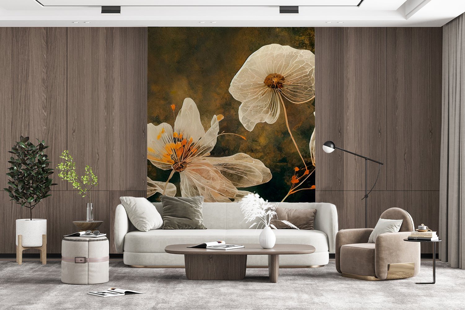 MuchoWow für Tapete - Illustration, (4 Wohnzimmer, - - Wandtapete Natur St), Fototapete Montagefertig Blumen bedruckt, Matt, Vinyl Pflanzen