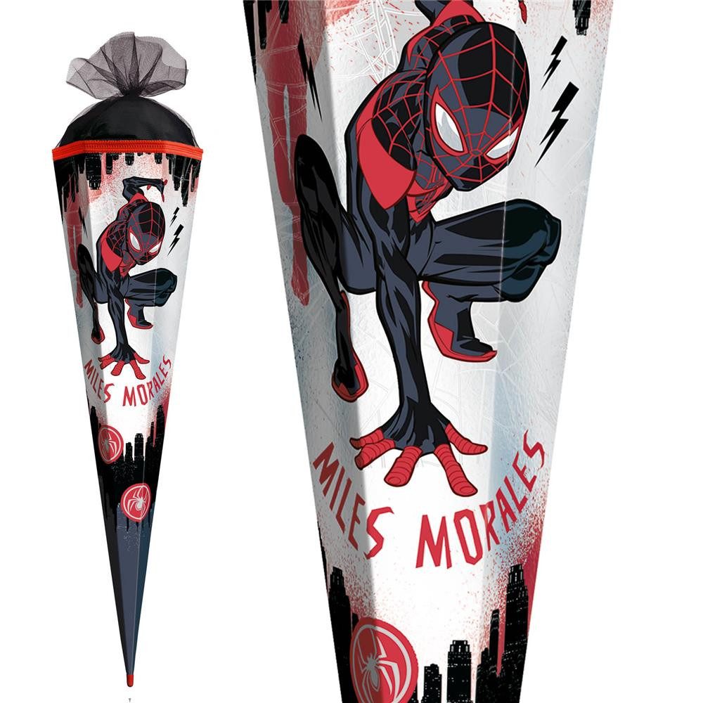Roth Schultüte Marvel Spiderman Miles Morales, 85cm, eckig, Tüllverschluss, Superheldenmotiv, Effektfolie, schwarzer Tüll, ROT(H)-Spitze