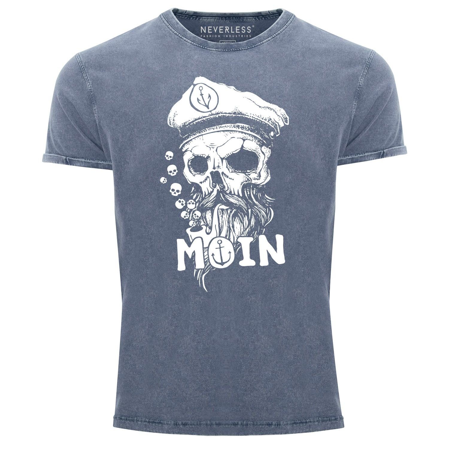 Aufdruck Moin Print mit Printshirt Print-Shirt Bart Shirt Neverless® Totenkopf Kapitän blau Herren Vintage Used Anker Look Neverless T-Shirt Hamburg