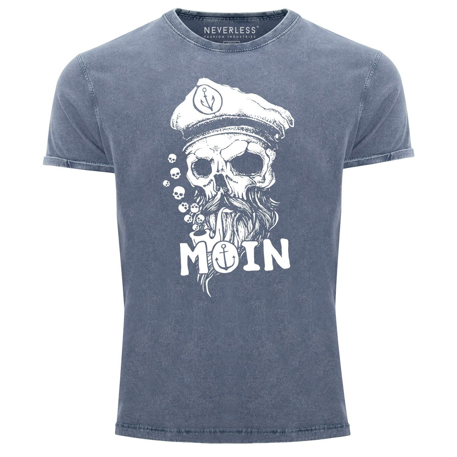 Neverless Print-Shirt Herren Vintage Shirt Moin Kapitän Totenkopf Anker Bart Hamburg Printshirt T-Shirt Aufdruck Used Look Neverless® mit Print blau