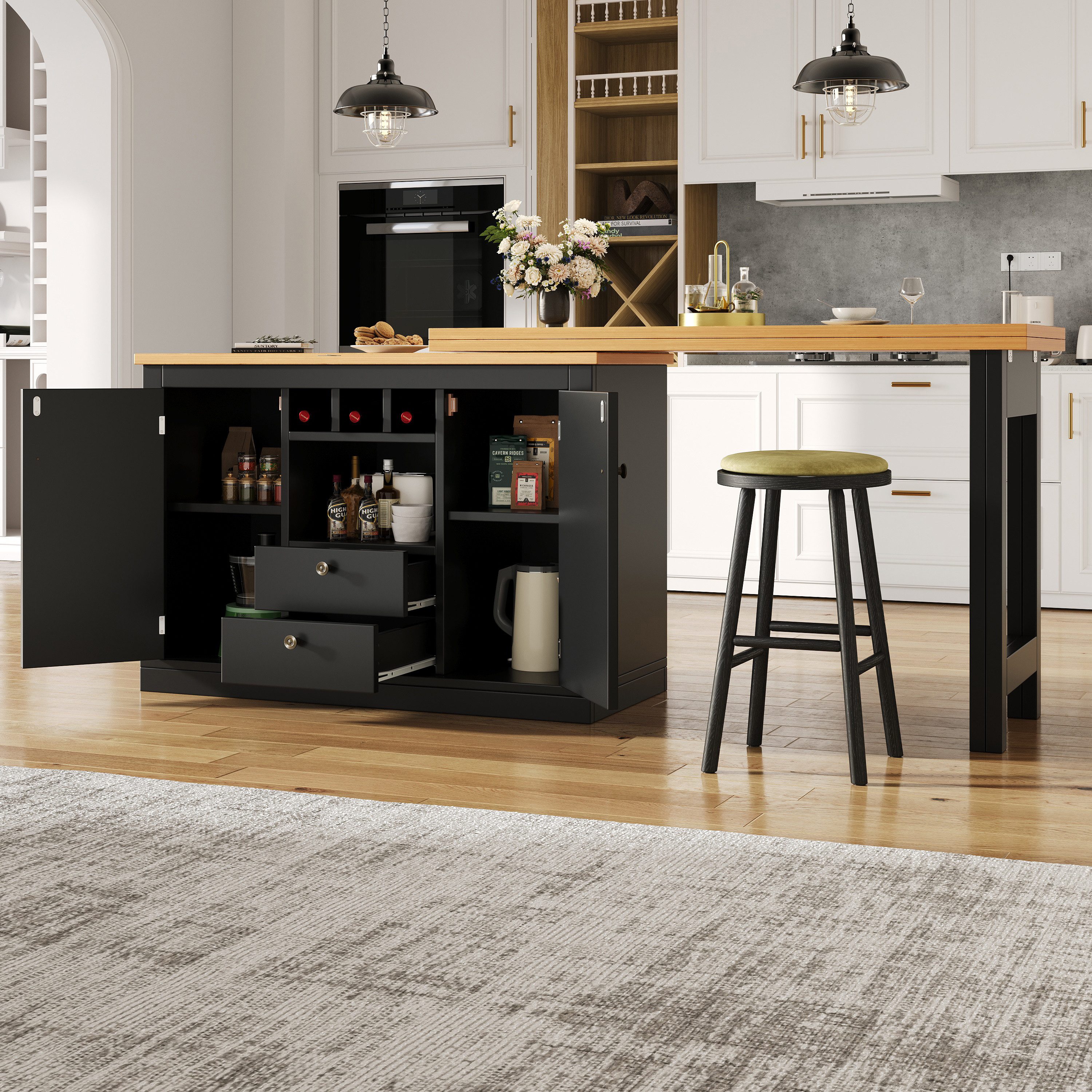 Flieks Kücheninsel mit 360° drehbarer und klappbarer Esstisch, (Holzoptik Tischplatte Tiefe 40-80cm, Längenverstellbar 120-180cm), ausziehbarer Esstisch & Mehrzweckschrank mit Schubladen und Weinregal