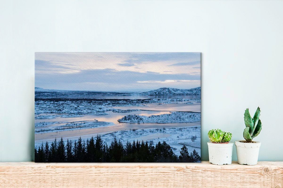 OneMillionCanvasses® Leinwandbild Þingvellir-Nationalpark Wandbild 30x20 Landschaft Leinwandbilder, St), im Wanddeko, verschneite Island, cm Eine (1 Aufhängefertig, in