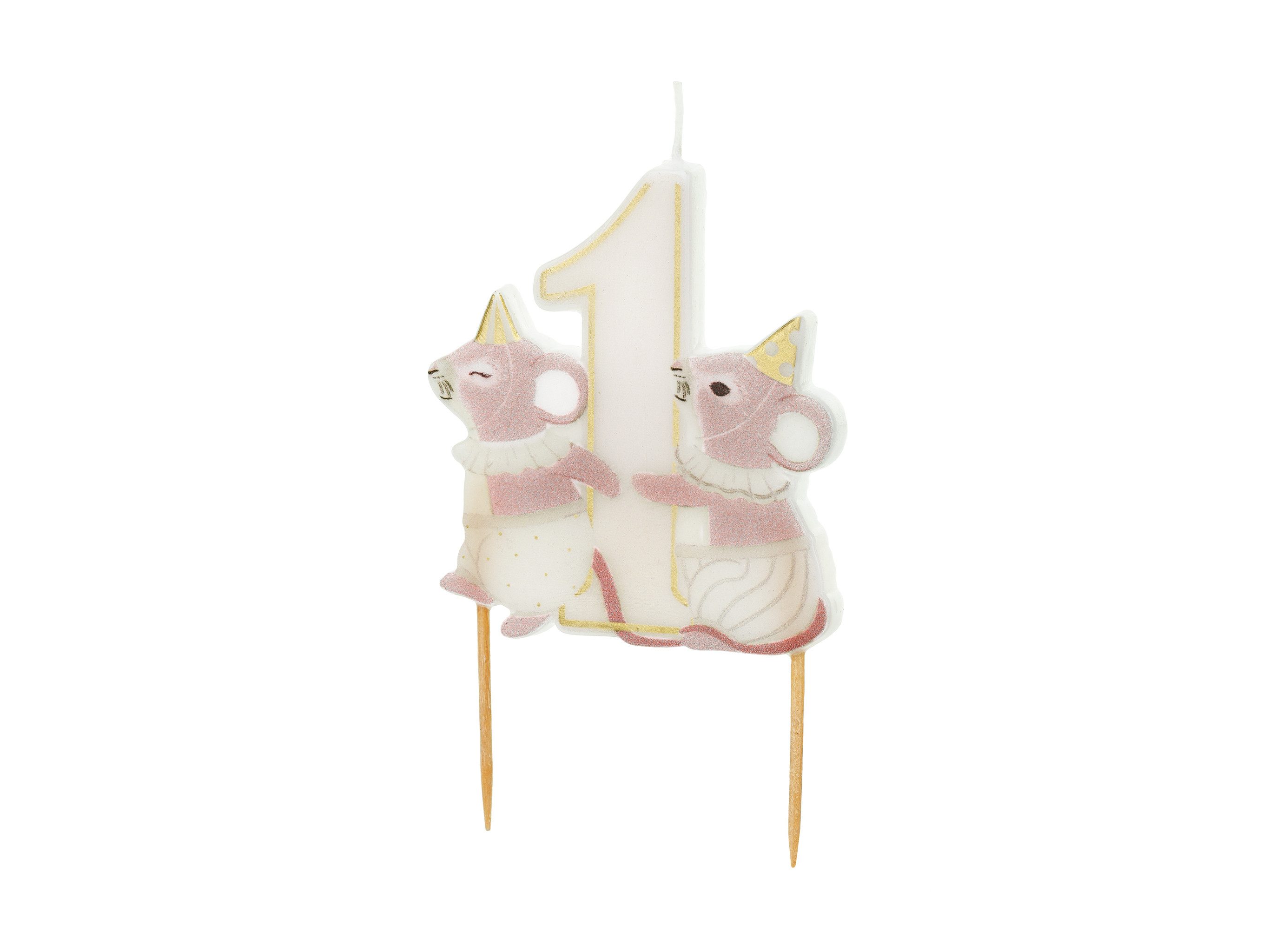 partydeco Geburtstagskerze, Geburtstagskerze Zahl 1 mit Mäusen 7,5cm