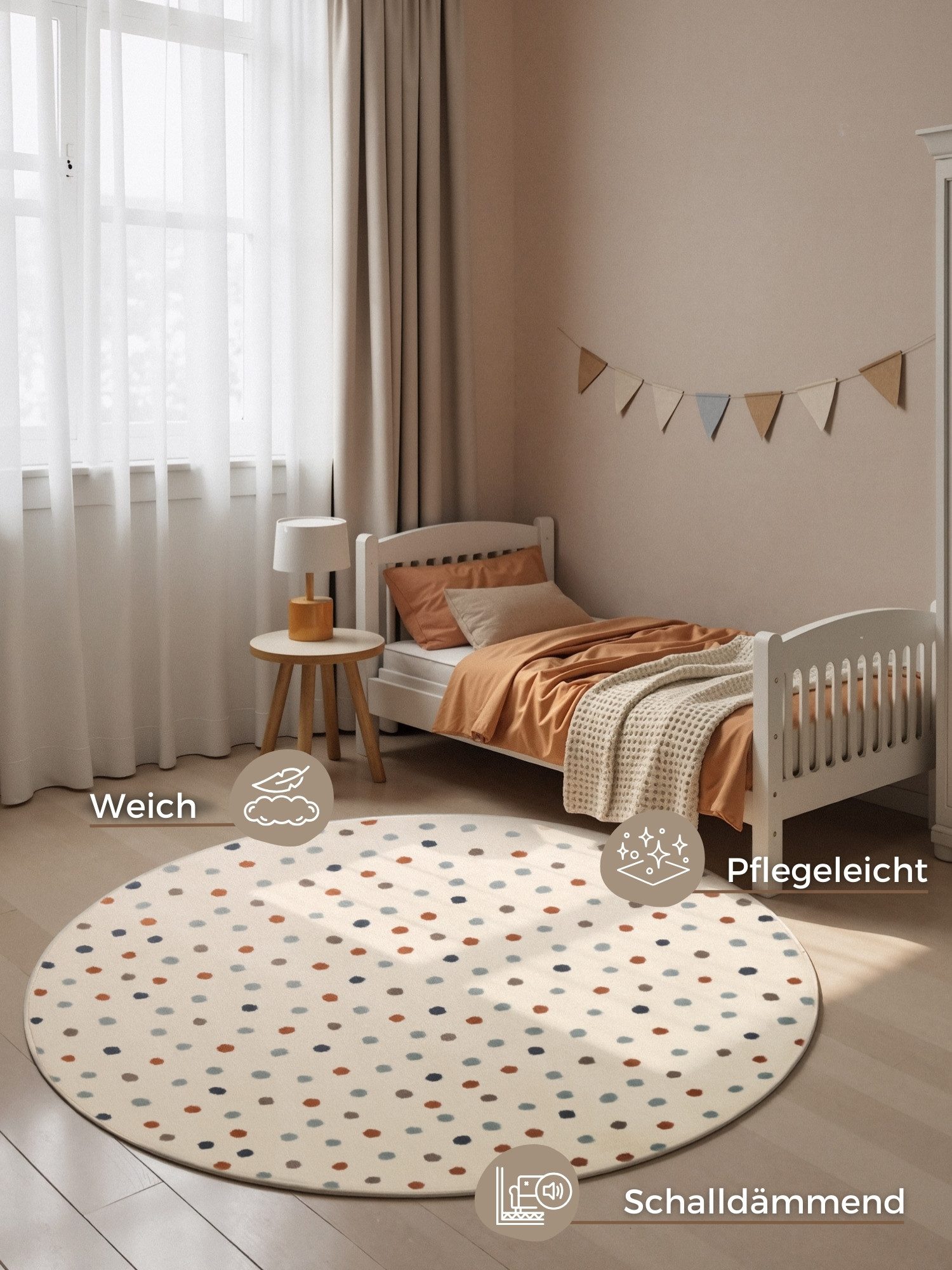 HANSE Home Kinderteppich Konfetti, rund, Höhe: 10 mm, Pflegeleicht, Weich, Kinderzimmer, Spielteppich, Spielunterlage
