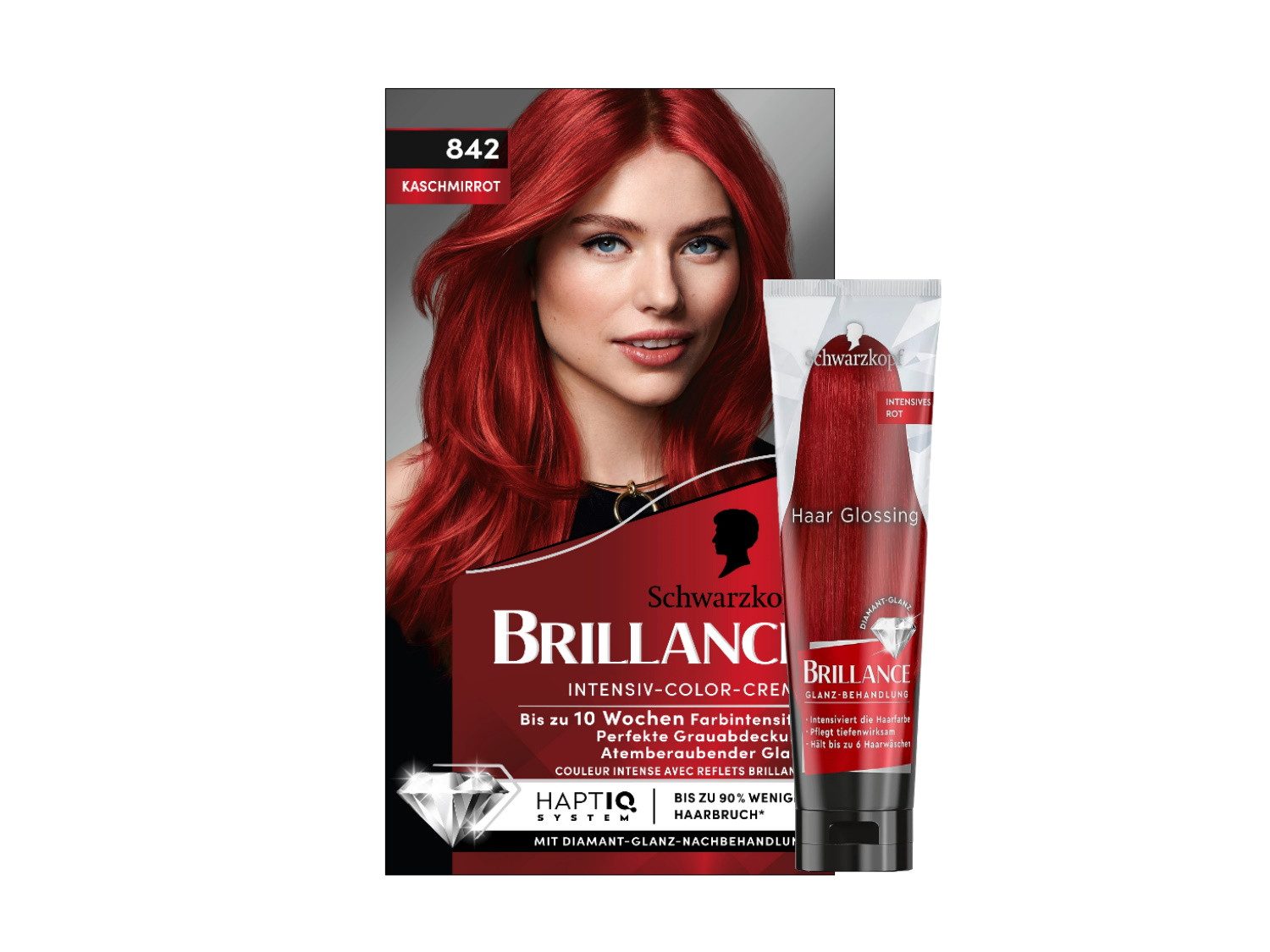 Schwarzkopf Haarfarbe BRILLANCE Intensiv-Color-Creme Kaschmirrot (1x 170ml), & Glanz-Behandlung Haar Glossing Intensives Rot (1x 150ml), 2-tlg., Spar-Set, 10 Wochen Farbintensität