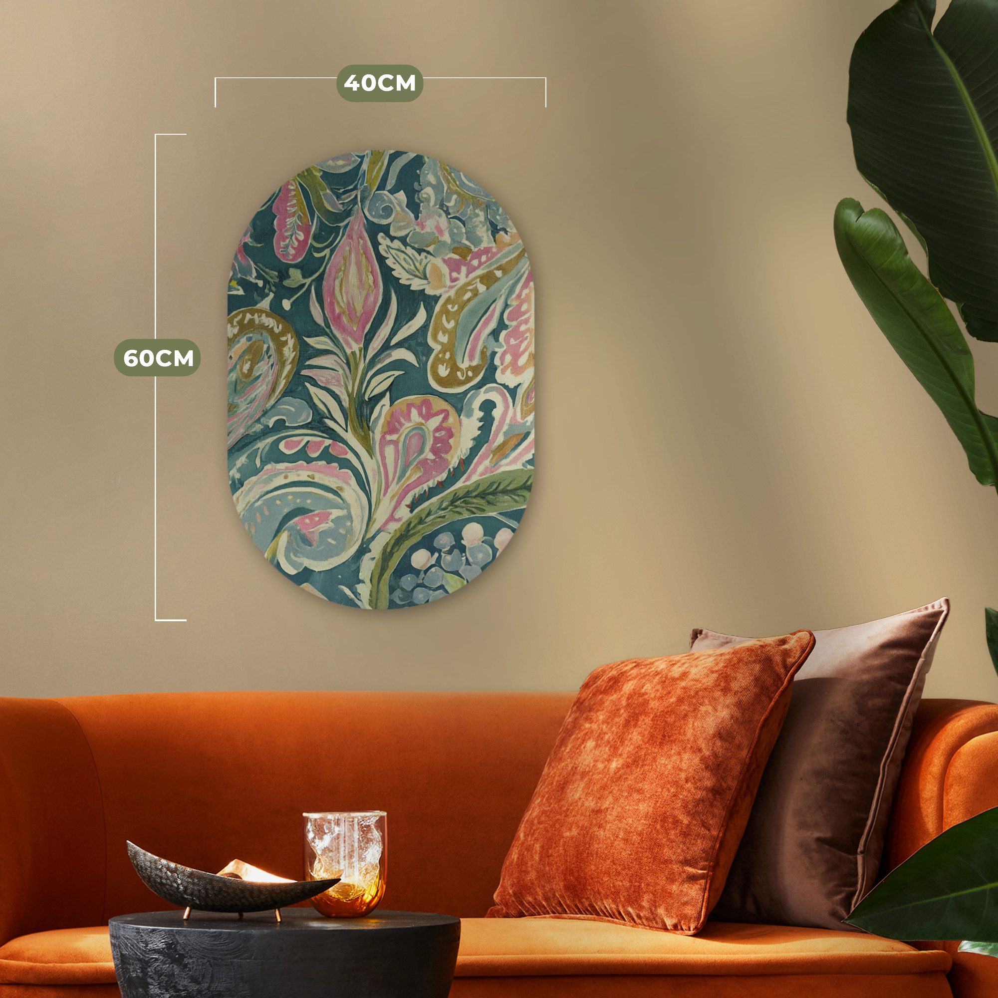 MuchoWow Gemälde Gemustert - Bunt - Verschnörkelt - Grün, Fotodruck (1 St), Wandbild Oval, Wohnzimmer oder Schlafzimmer Wanddekoration, 40x60 cm