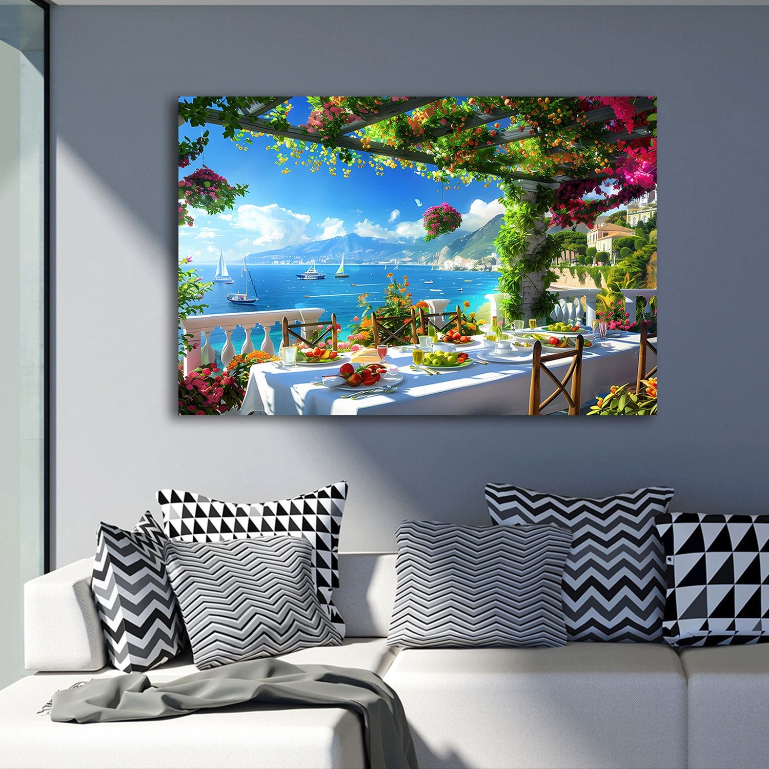 Artedinoi Leinwandbild Italien Toscana Blumen Boote Wandbild Leinwandbild Wanddeko, Toskana mit Blumen und Booten