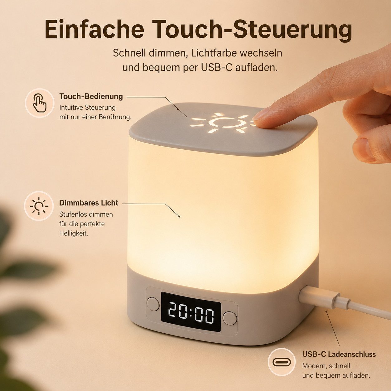 Fyrove Nachtlicht mit Uhr & Wecker, dimmbare Nachttischlampe mit Fernbedienung & Touch, 3 Lichtfarben, wiederaufladbare Stilllampe, Baby Nachtlicht, Stimmungsli – Bild 4 von 5