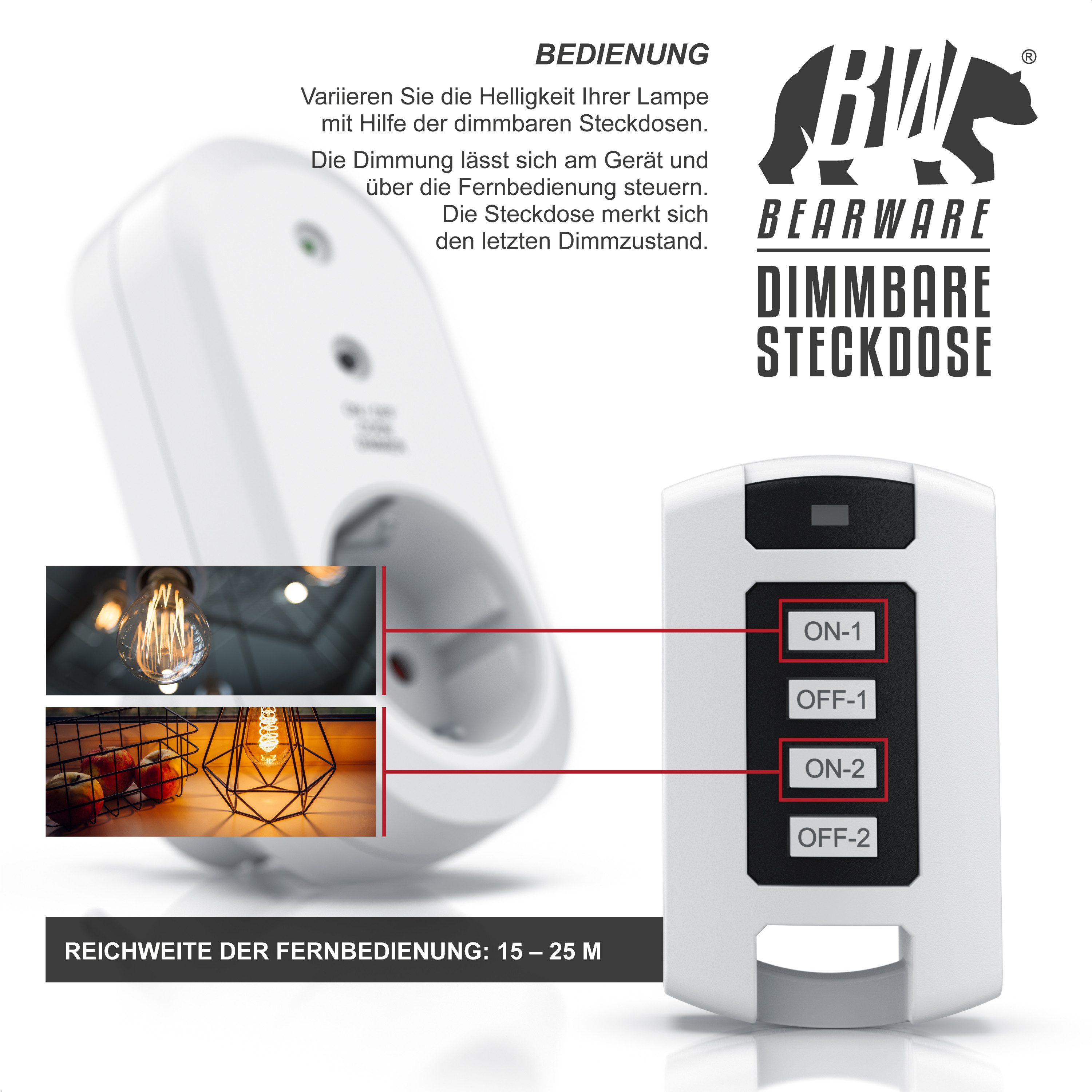BEARWARE Funksteckdose Dimmbare Funksteckdosen 2er Set mit Fernbedienung für den Innenbereich, Steckdose, LED Statusanzeige, integrierter Berührungsschutz, IP20