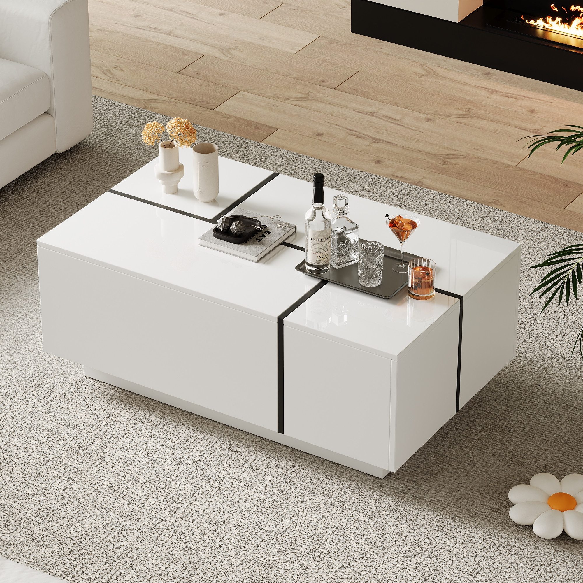 Merax Couchtisch hochglanz Sofatisch mit Patchwork-Design (1-St), Wohnzimmertisch mit 4 Schubladen & verschiebbarer Platte,100x60x40cm