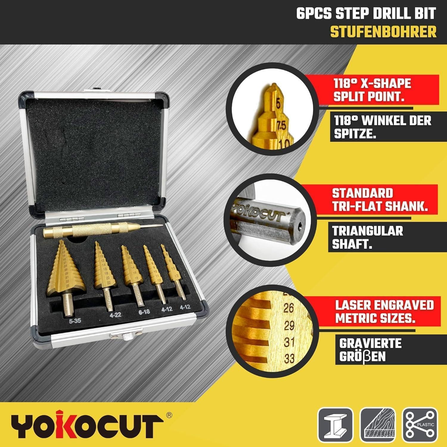 LuxusKollektion Stufenbohrer Stufenbohrer-Set 6-teilig HSS 4241 titanbeschichtet mit Körnerstanzer