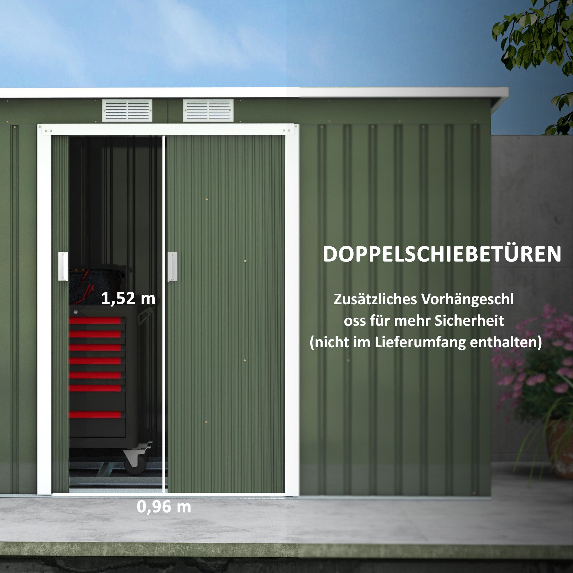 CHICFURN Gerätehaus Stahl-Gartenschuppen mit Pultdach, Schiebetür und Lüftungsfenster, BxT: 280x130 cm, (Packung, 1 St), 280x130x172 cm, Hellgrün, für Werkzeuge im Garten
