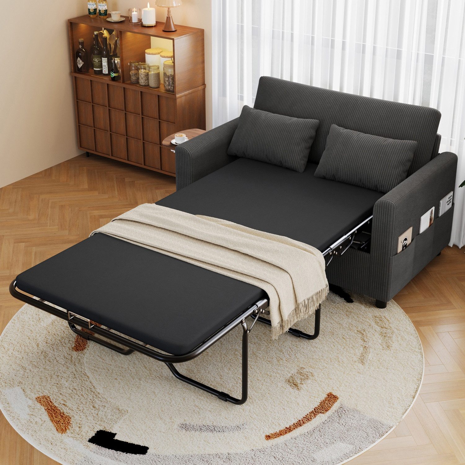 ANYSUN Schlafsofa 2‑Sitzer Schlafsofa, kompaktes Klappsofa, mit Schlaffunktion, USB‑Ladeanschluss, klappbarem Seitentisch, Matratze, 2-in-1 Schlafsofa ideal für Wohnzimmer und Apartments