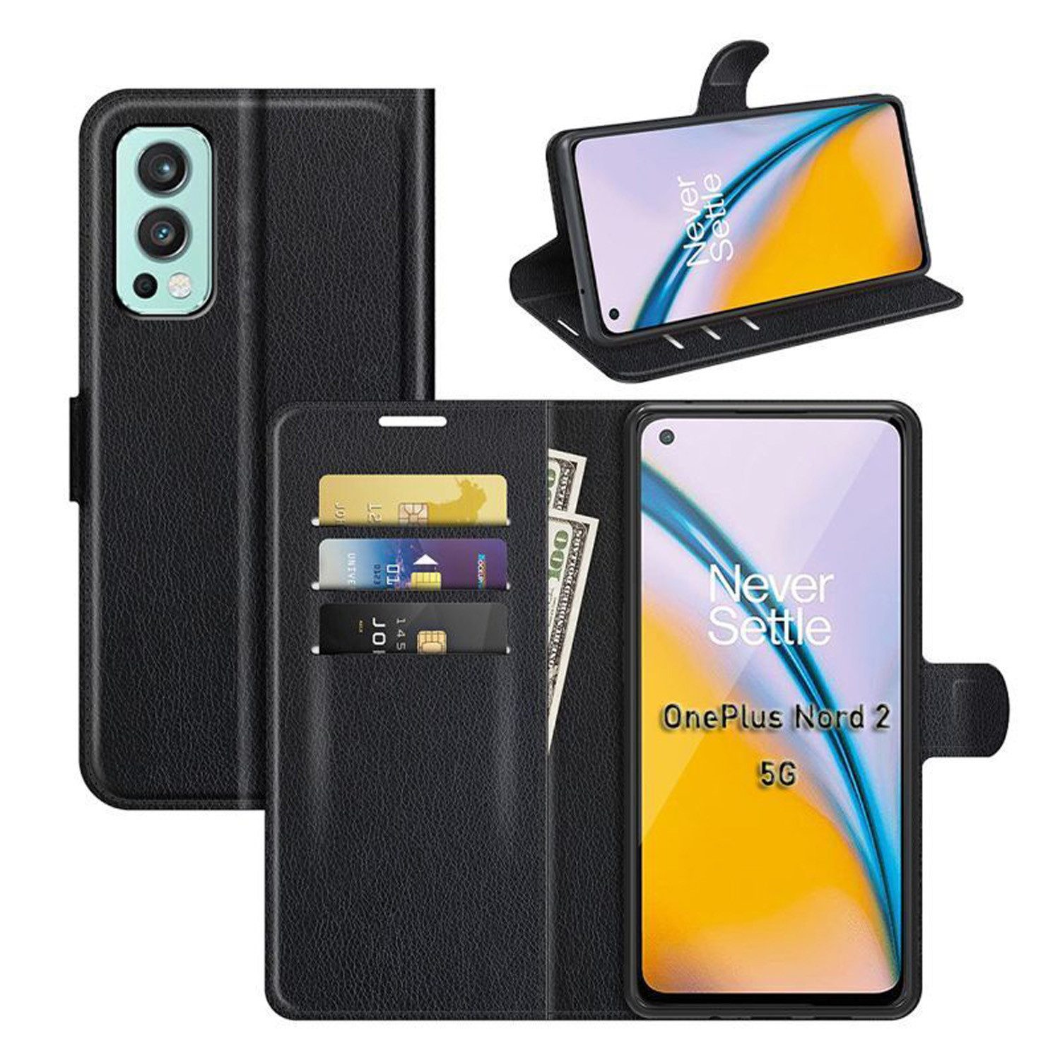 betterfon Handyhülle Handytasche für OnePlus Nord 2 Klapphülle Flip Case Schwarz, 3 Kartenfächer, Magnetverschluss & Standfunktion im Lederlook