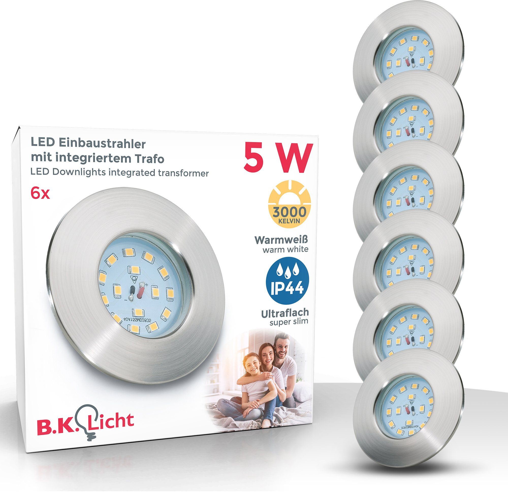 B.K.Licht LED Einbauleuchte 6er Set Bad Einbaustrahler, IP44 geschützt, LED Einbauspots, flach, LED fest integriert, Warmweiß, 3.000K, 400Lm, 5W, Kunststoff, 7,5 x 3 cm, Nickel