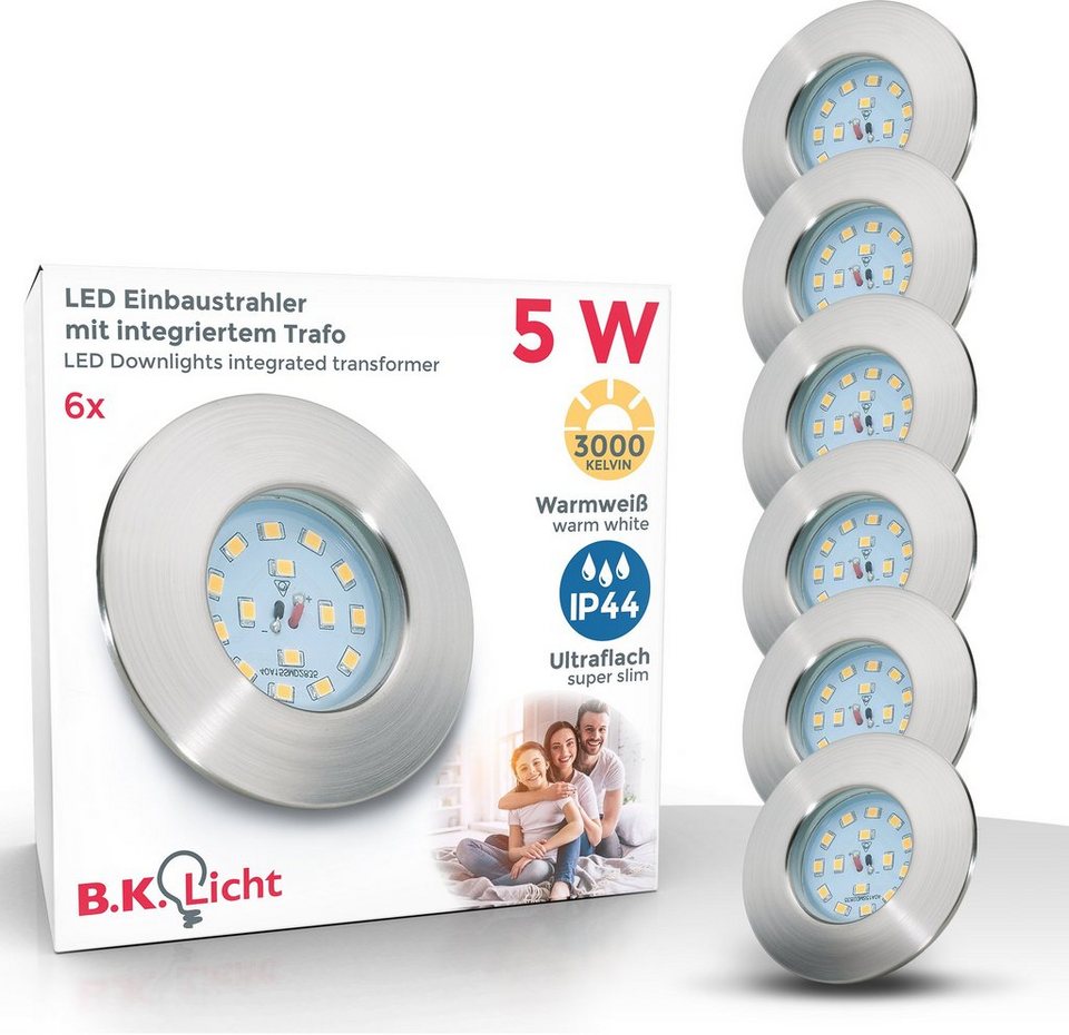 B.K.Licht LED Einbauleuchte, LED fest integriert, Warmweiß, LED  Einbaustrahler, ultra flach, 6 x 5W, Einbauspot, IP44