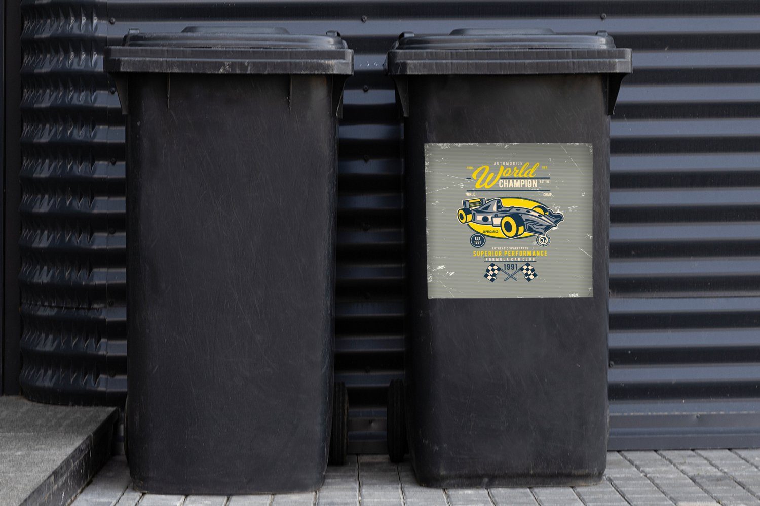 St), Rennwagen (1 Mülltonne, Abfalbehälter - Mülleimer-aufkleber, Wandsticker Sticker, MuchoWow - Flagge Container, Retro
