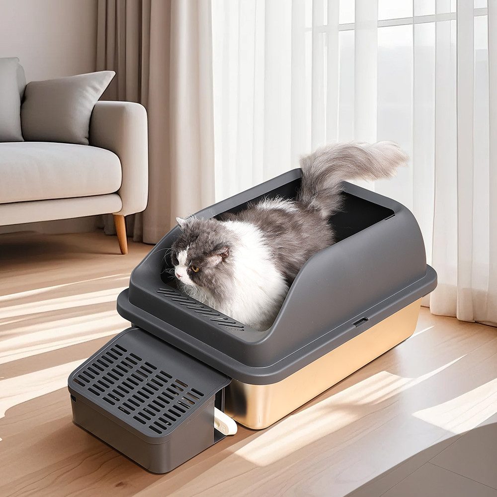 Warenhammer Katzentoilette Katzenklo XXL Premium Qualität - Edelstahl - offen mit Rampe, B x L x H : 62 x 41 x 30 cm