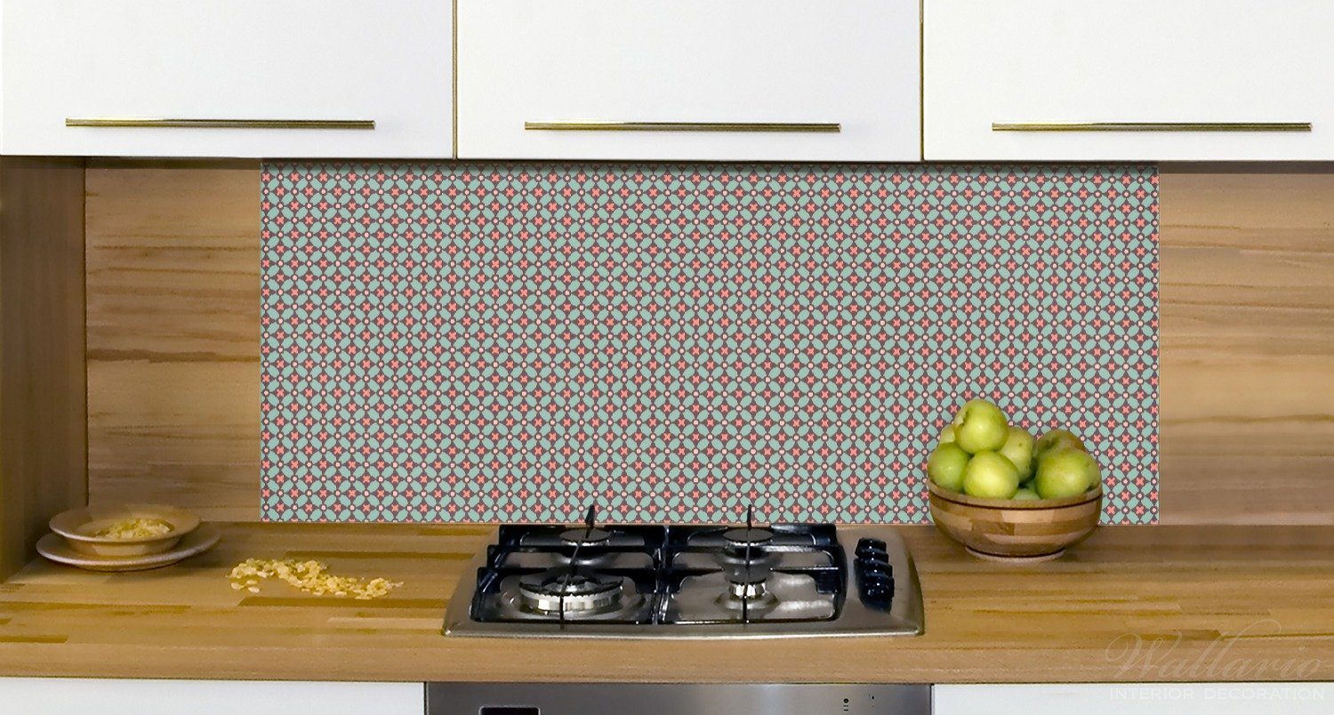 Wallario Küchenrückwand Muster mit und in grün, braun Vierecken, und Kreisen Kreuzen, (1-tlg) rot