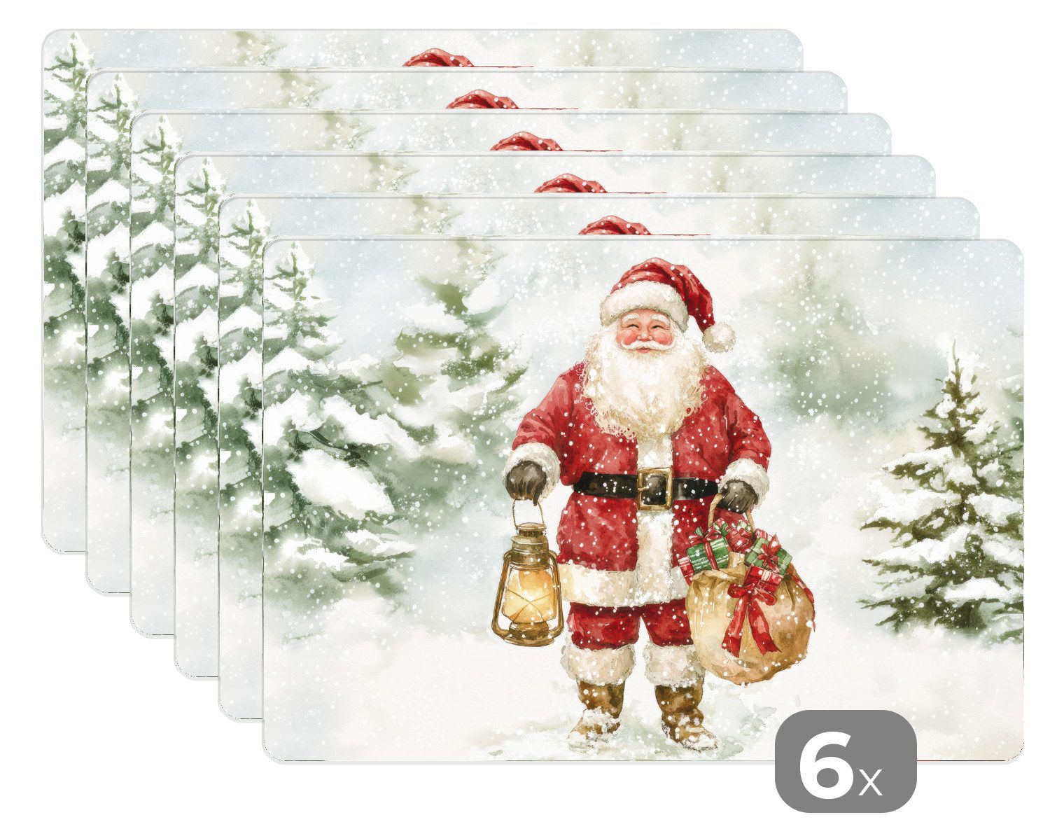 MuchoWow Platzset Weihnachtsmann - Winter - Schnee - Weiß - Rot, (6-St), Platzsets, Tischset, Abwaschbar, Tischsets, Platzdeckchen