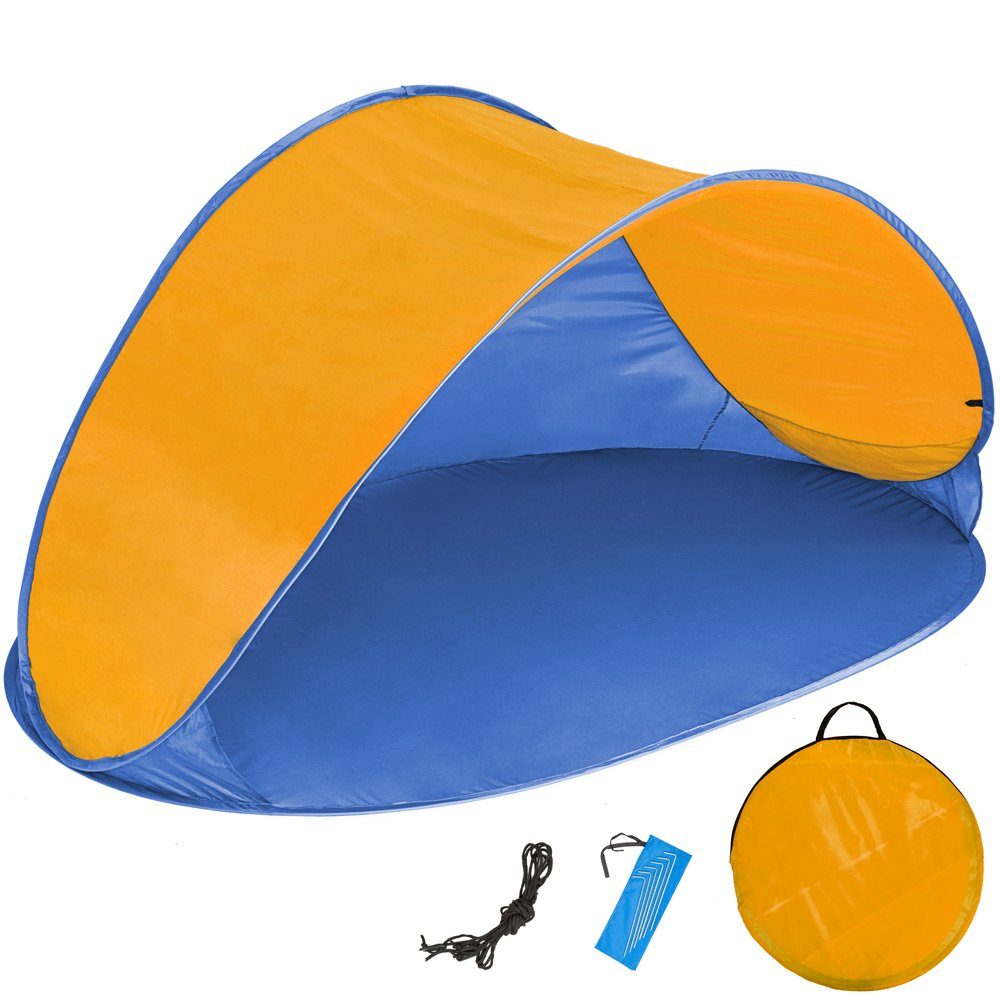 tectake Strandmuschel Pop-Up Strandmuschel, 220 x 120 x 100 cm selbstaufbauend, Personen: 2 (Strandzelt Jasmin, Inkl. Zubehör und Tragetasche in blau/orange), Fiberglasgestänge, gute Belüftung, UV-beständig, inkl. 2 Ablagefächer