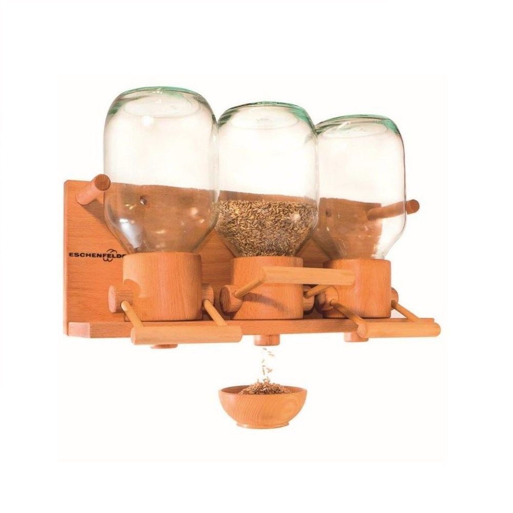 Eschenfelder Getreidemühle Getreidespeicher Körnerspeicher Getreidesilo Glas, Buche massiv, geölt manuell, Fassungsvermögen Glassilo 3 x 2000 ml ca. 1,5 kg Getreide, sortenabhängig, (4 Stück), massiv Buchenholz, Öffner, Abfüllregulierung, Leinöl-Kräueröl-Firnis