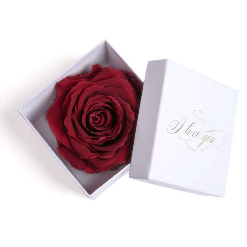 Kunstblume Infinity Rose in Box weiß I LOVE YOU Geschenk Frauen Liebesbeweis Valentinstag Rose, Höhe 6 cm, Rose haltbar bis zu 3 Jahre