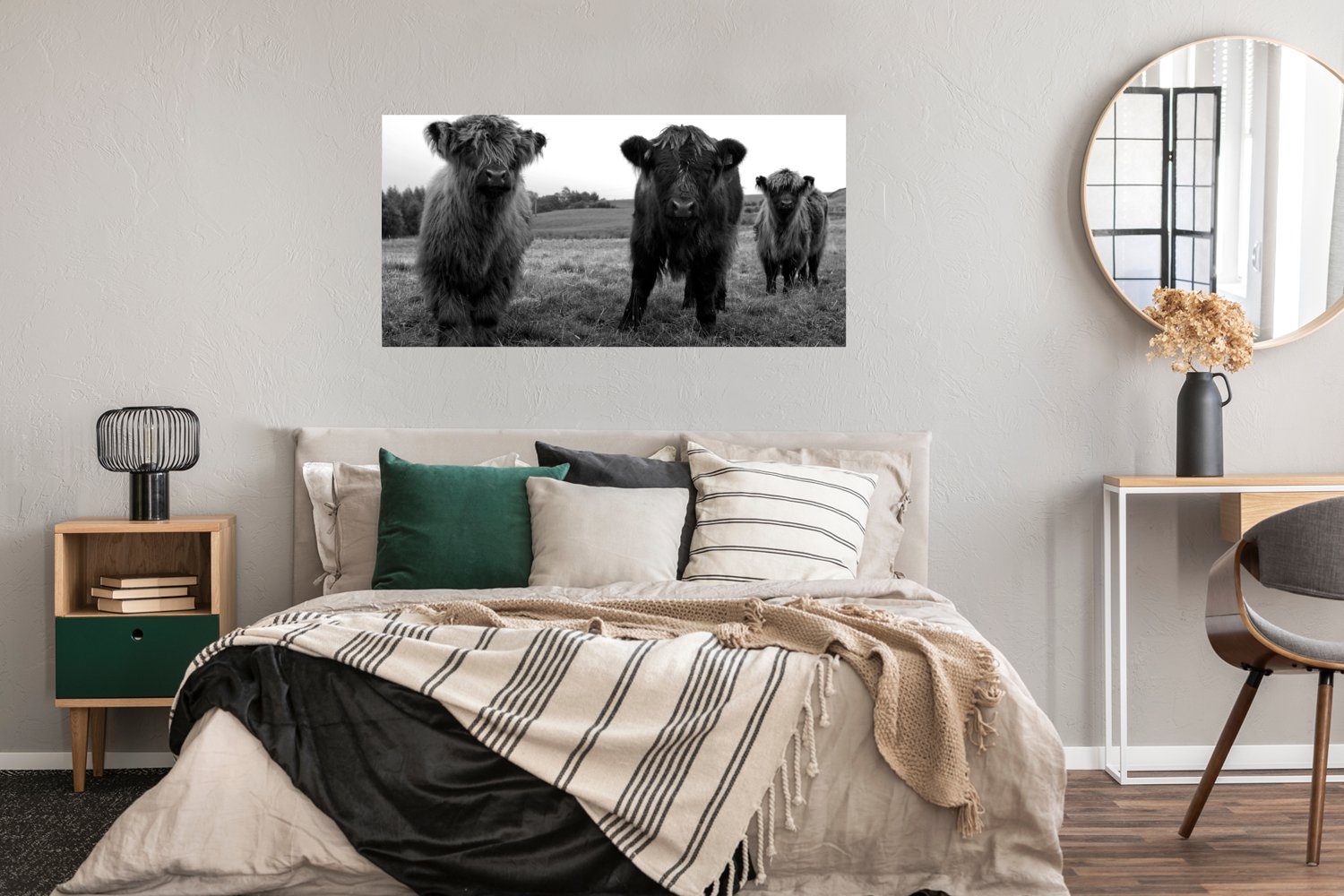 Kühe Highlander - Ohne Natur Bild Schlafzimmer, Grün - Wandposter, für - St), Schottische Gras, - (1 MuchoWow Wohnzimmer, Rahmen, Wanddeko Poster