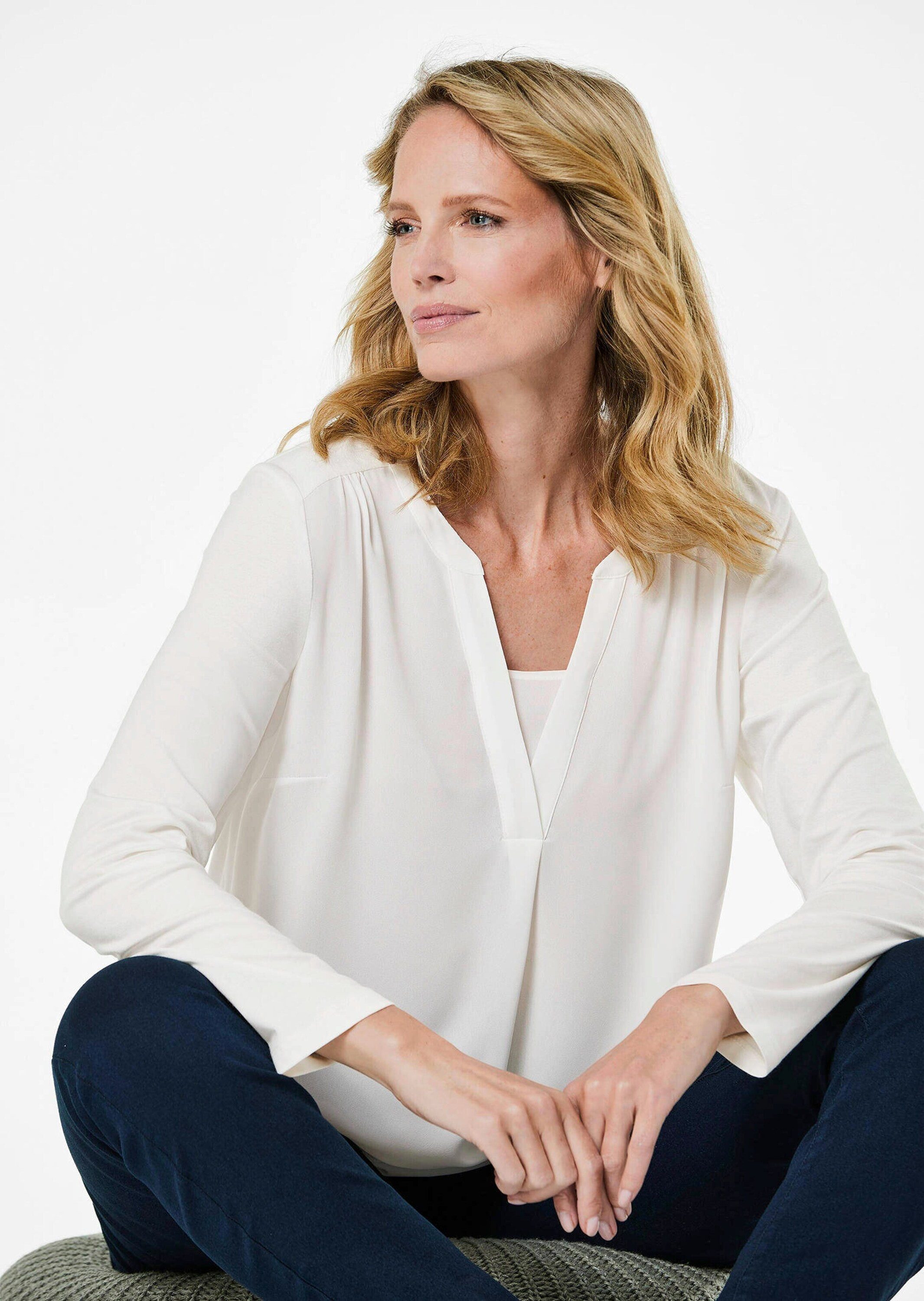 GOLDNER Shirtbluse Elegantes Chiffonshirt mit Jersey-Details Langarmshirt mit Rundhals und V-Schlitz und langen Ärmeln