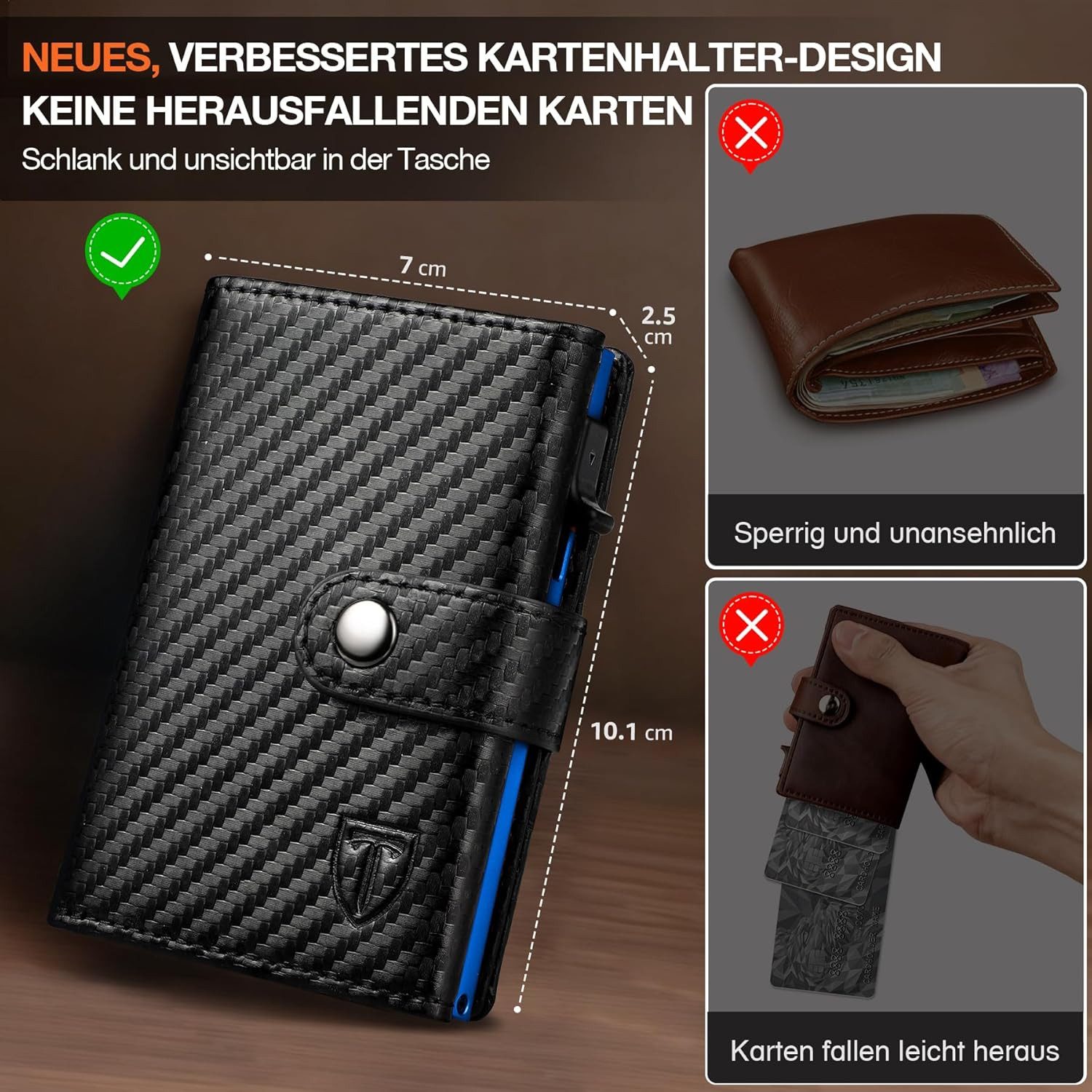 TEEHON Geldbörse Geldbeutel Herren mit Münzfach & RFID Schutz, Slim Wallet für 8 Karten (Kartenetui Klein, Portmonee Geldbörse Herren), für Kreditkarten Kreditkartenetui - Blau & Schwarz