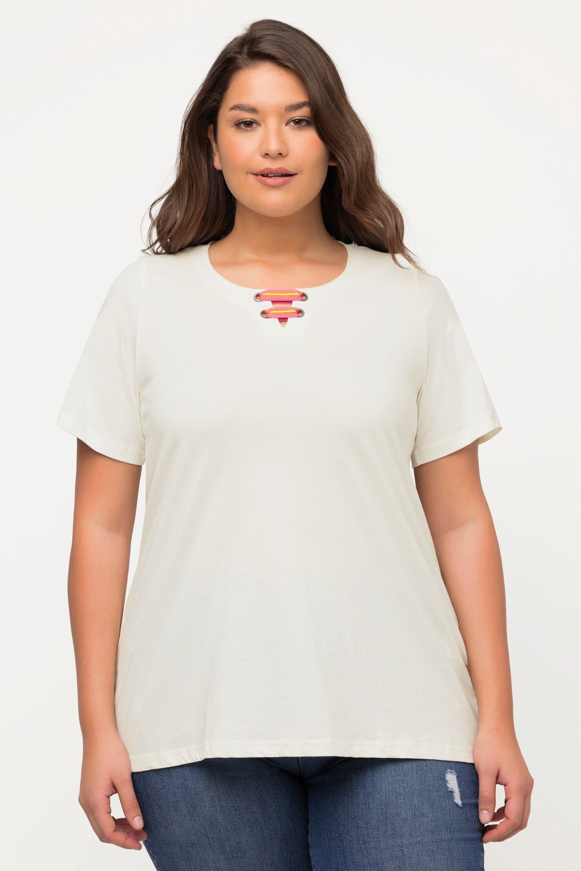 T-Shirt A-Linie offwhite Popken Tunika-Ausschnitt Rundhalsshirt Ulla Flügel-Halbarm
