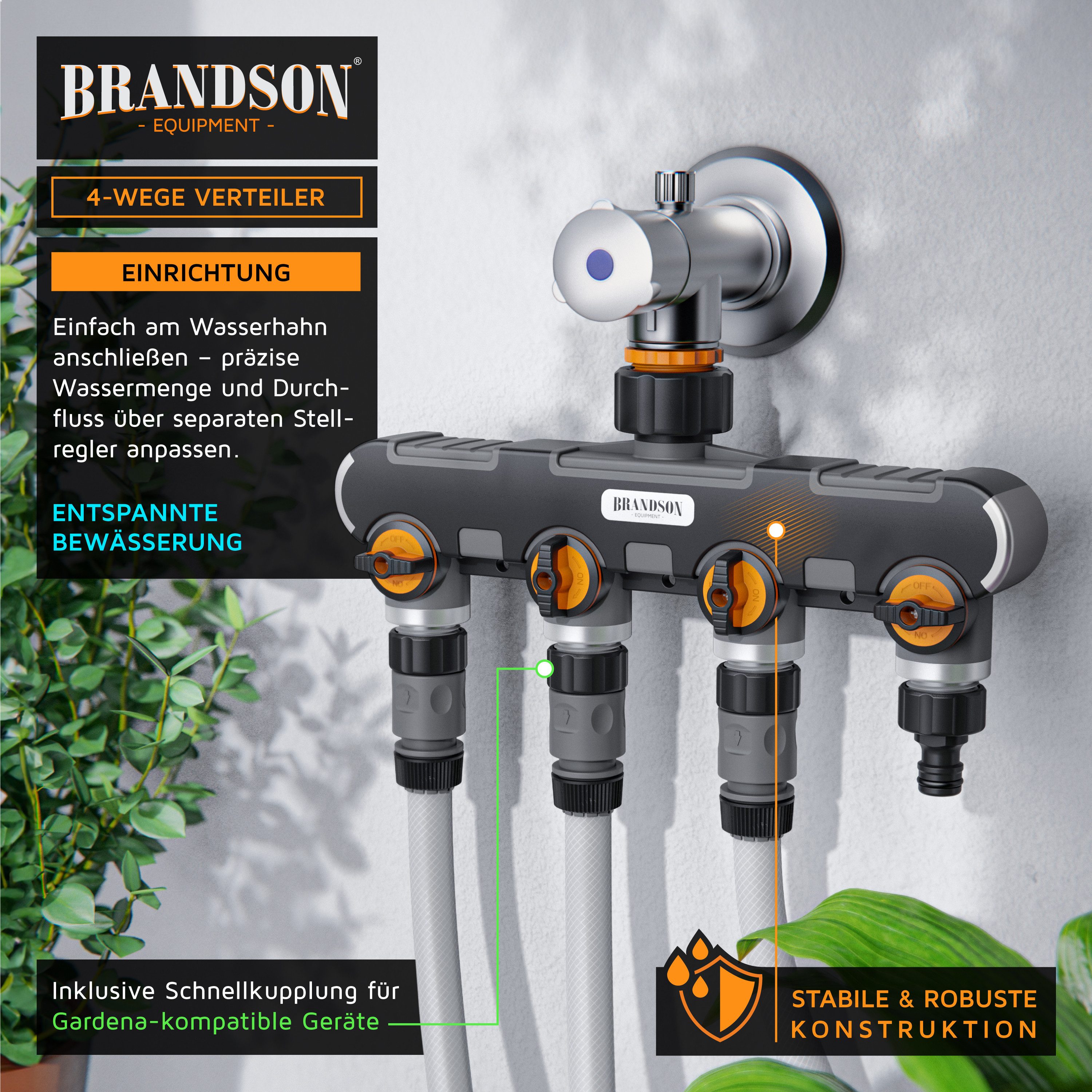 Brandson 4-Wege Verteiler 4-fach Schlauchverteiler, Gartenschlauch Wasserverteiler, 3/4 1/2 Zoll, (1-tlg), Regulierbarer Wasserhahn Schlauch Verteiler für Gartenbewässerung