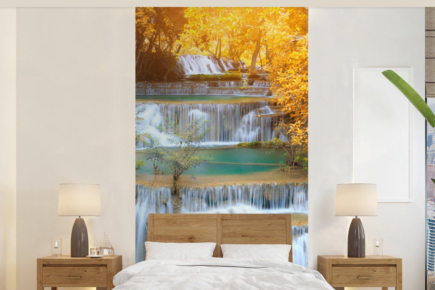 MuchoWow Fototapete Wasserfall - Herbst - Bäume - Braun - Wasser, Matt, bedruckt, (2 St), Vliestapete für Wohnzimmer Schlafzimmer Küche, Fototapete